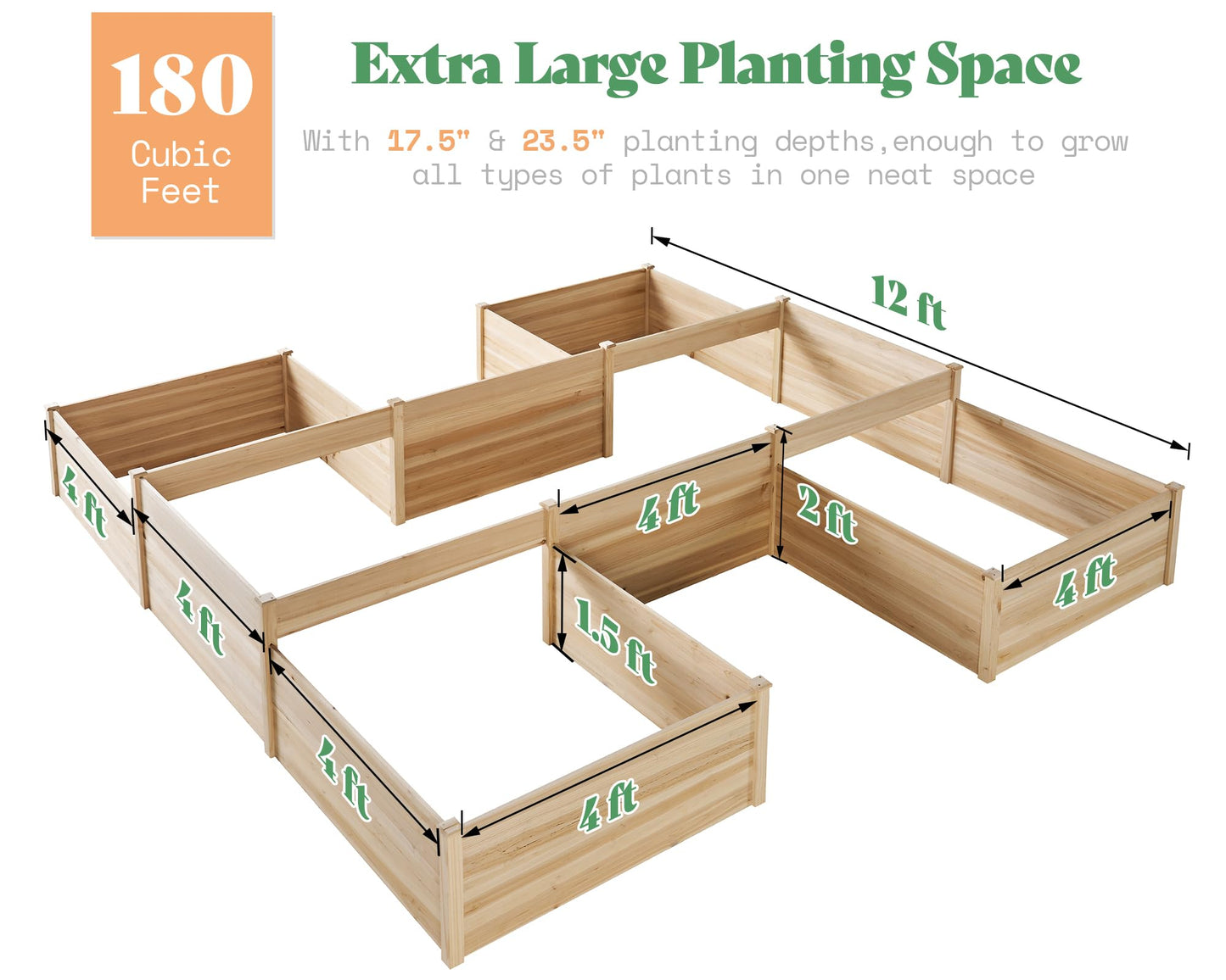AMERLIFE 12x12x2 FT Wooden Raised Garden Bed, H-Shaped Planter Box with Double-Layer Design, 180 Cu. Ft Capacity for Outdoor Patio & Backyard