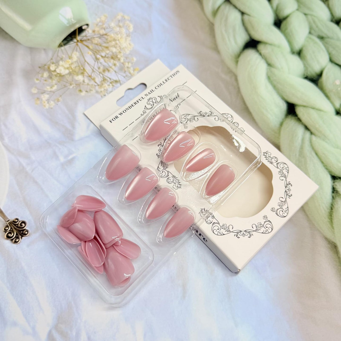 Pink Press on Nails Almond Fake Nails with Designs Glitter Stick on Nail Medium Acrylic False Nail Cute Summer Artificial Nail Press ons Glossy Full Cover Glue on Nails for Women 24Pcs