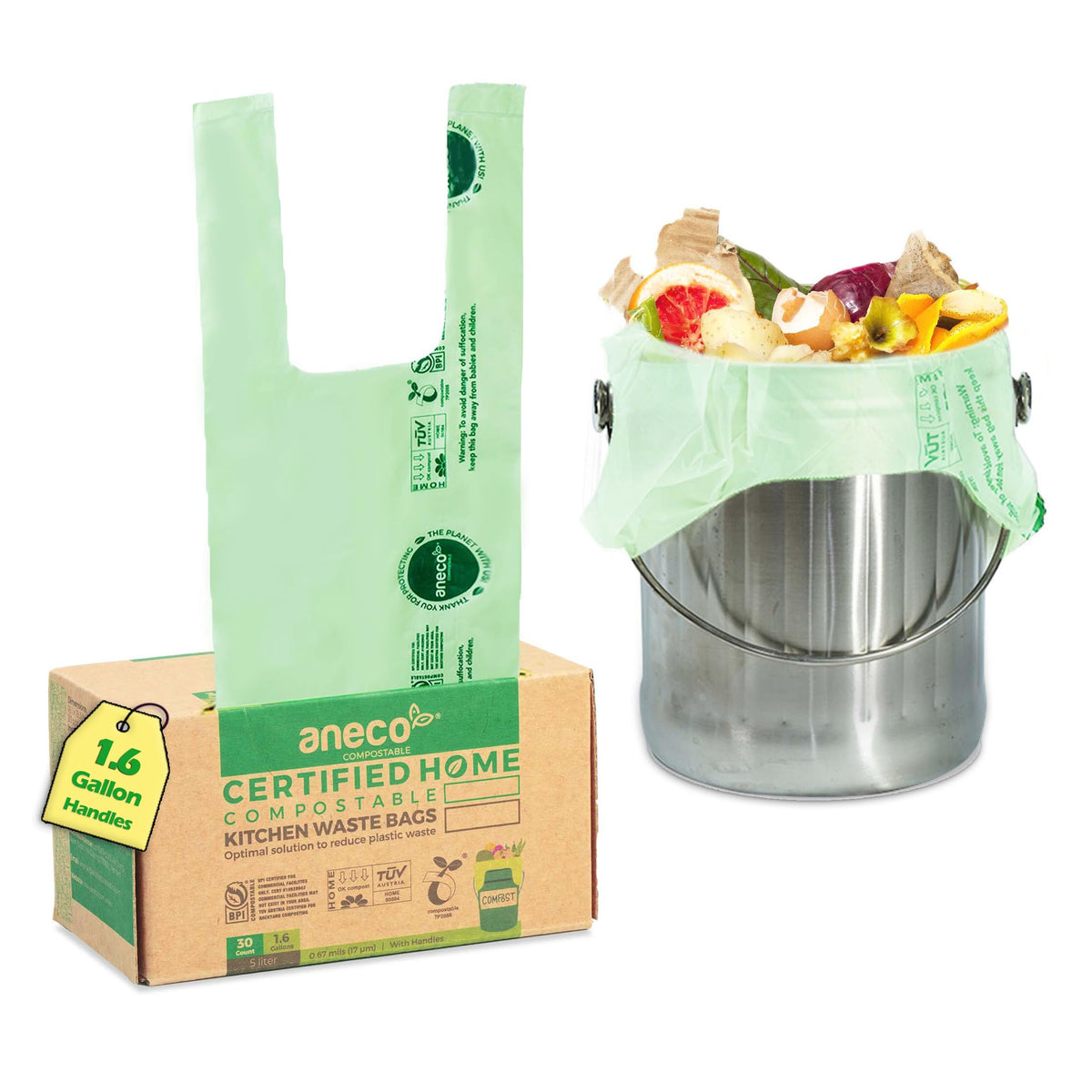 100% Compostable Food Waste Bags 1.6 Gallon With Handles (30 Count)