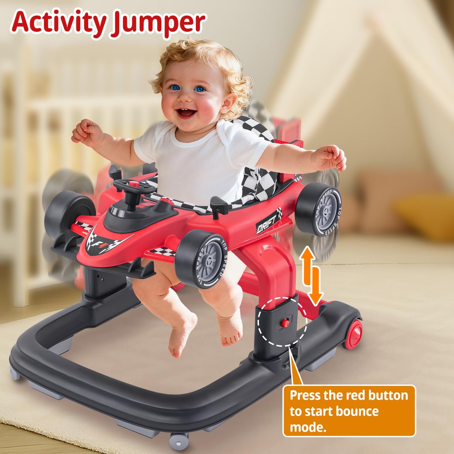 Baby Walker with Wheels | 3 Adjustable Heights, Reinforced Frame, 4 Modes (Push Walker & Jumper), Speed & Height Adjustments, Music, Lights, Anti-Rollover Design, for 6-18 Month Olds