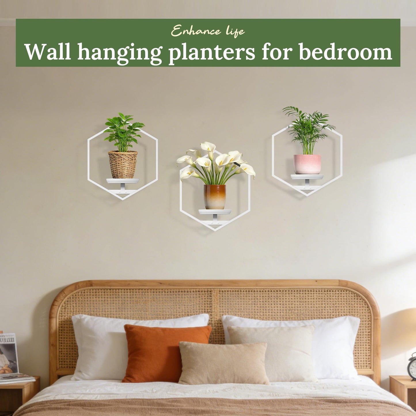 BXF Hexagon Floating Frame Plant Stand - 3 Pack Metal Wall Mounted Planters - Minimalist Geometric Hanging Decor for Indoor Succulents & Air Plants,White