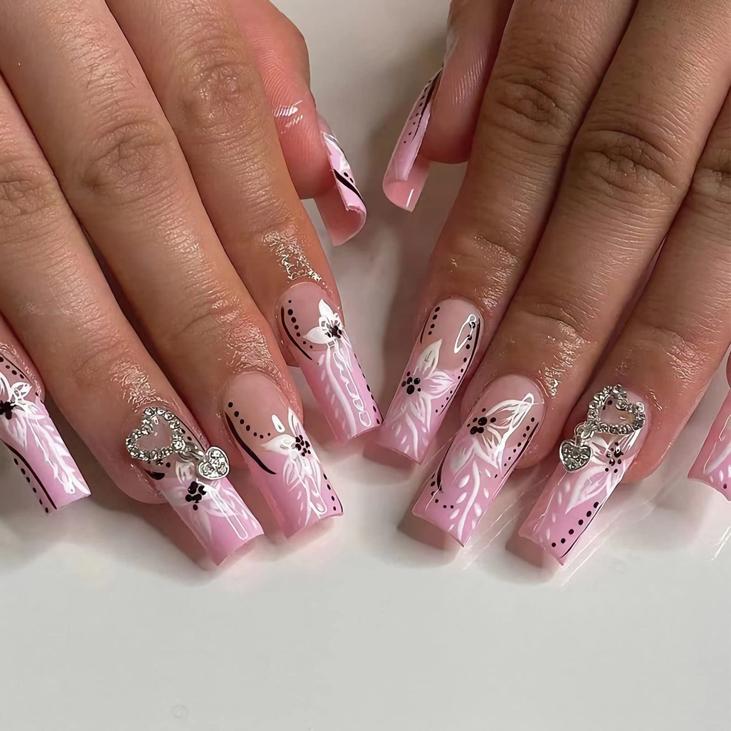 BABALAL Coffin Press on Nails Long French Fake Nails Pink Glossy Glue on Acrylic Nails with Flower Design 24Pcs