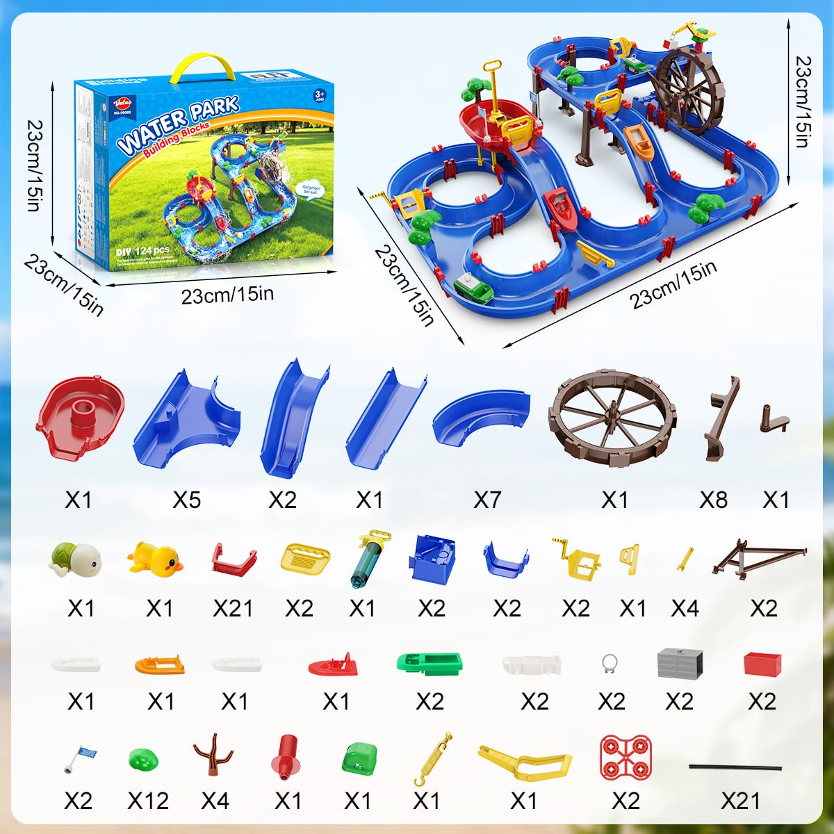 VATOS 2-Tier Watermill Summer Water Table, 124 PCS DIY Water Table with Water Pump Toys for Toddlers 3-5 4-7 Years Old, Fun Water Playset Outdoor Water Summer Toys for Backyard, Beach, Balcony, Garden