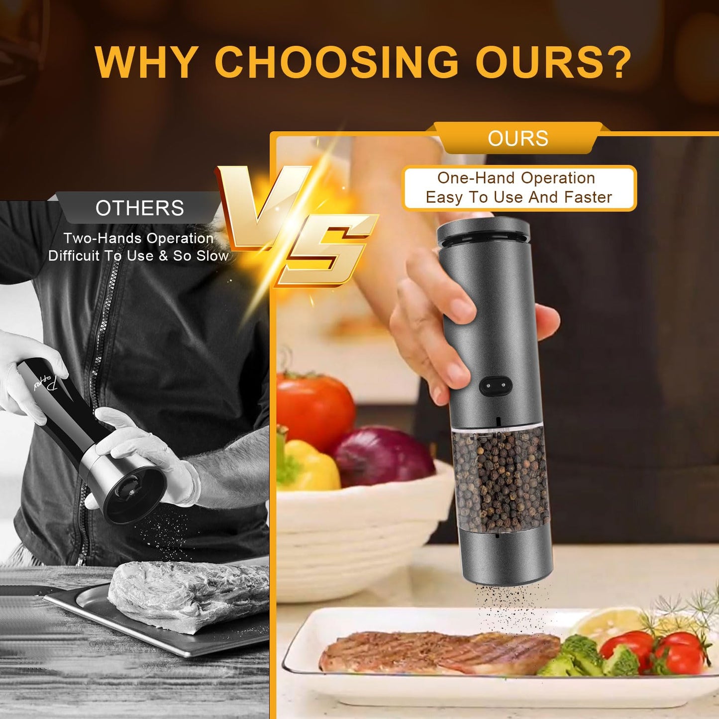 EIHO Electric Salt and Pepper Grinder Set USB Rechargeable, Upgraded External Adjustable Coarseness, Aluminum Alloy Automatic Salt and Pepper Shakers Mills with LED Light, House Warming Cooking Gifts