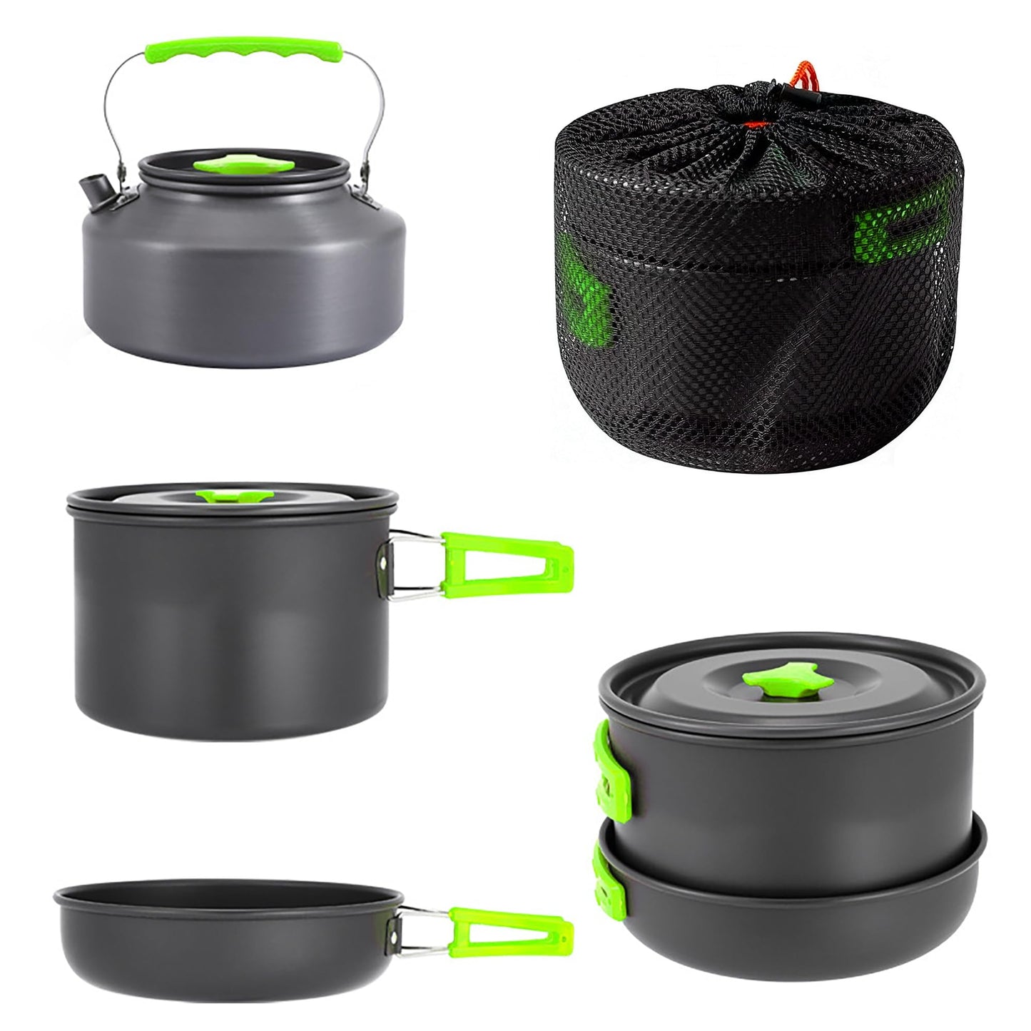 aiGear 3pcs Camping Cooking Set for 1-2 People, Lightweight Foldable Pot Pan Kettle with Storage Bag, Backpacking Cooking Set for Hiking Picnic Camping (Green)