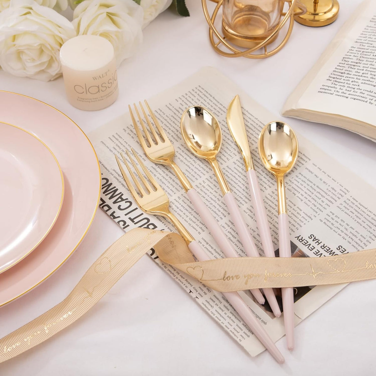 I00000 300 Pack Gold Silverware with Pink Handle, Pink Plastic Utensils Set, Disposable Cutlery include100 Forks, 100 Knives, 100 Spoons,Plastic Cutlery Set for Wedding & Party