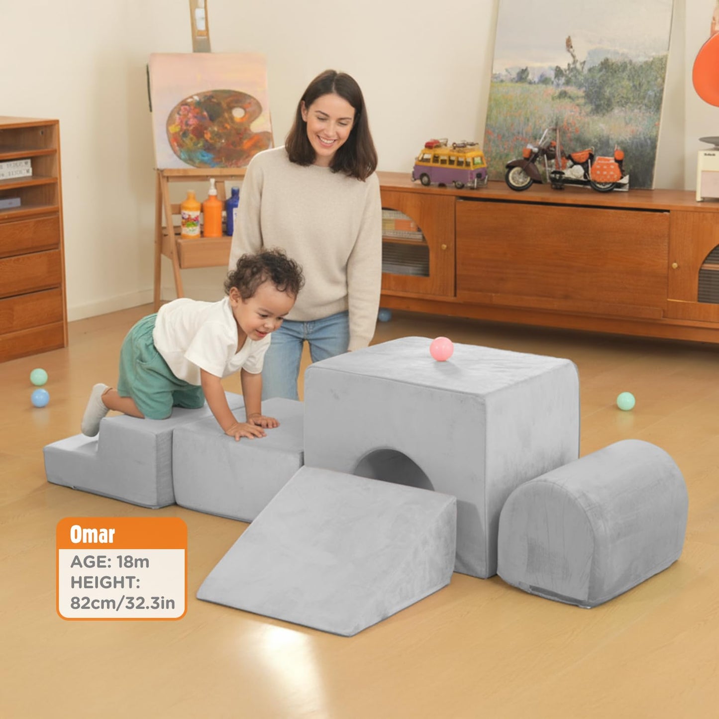 VENSEEN 6-Piece Baby Climbing Toys Set, Soft Foam Climbing Blocks with Ball Pool, Indoor Play Gym for Toddlers 1-3, First Gift for Crawling, Sliding