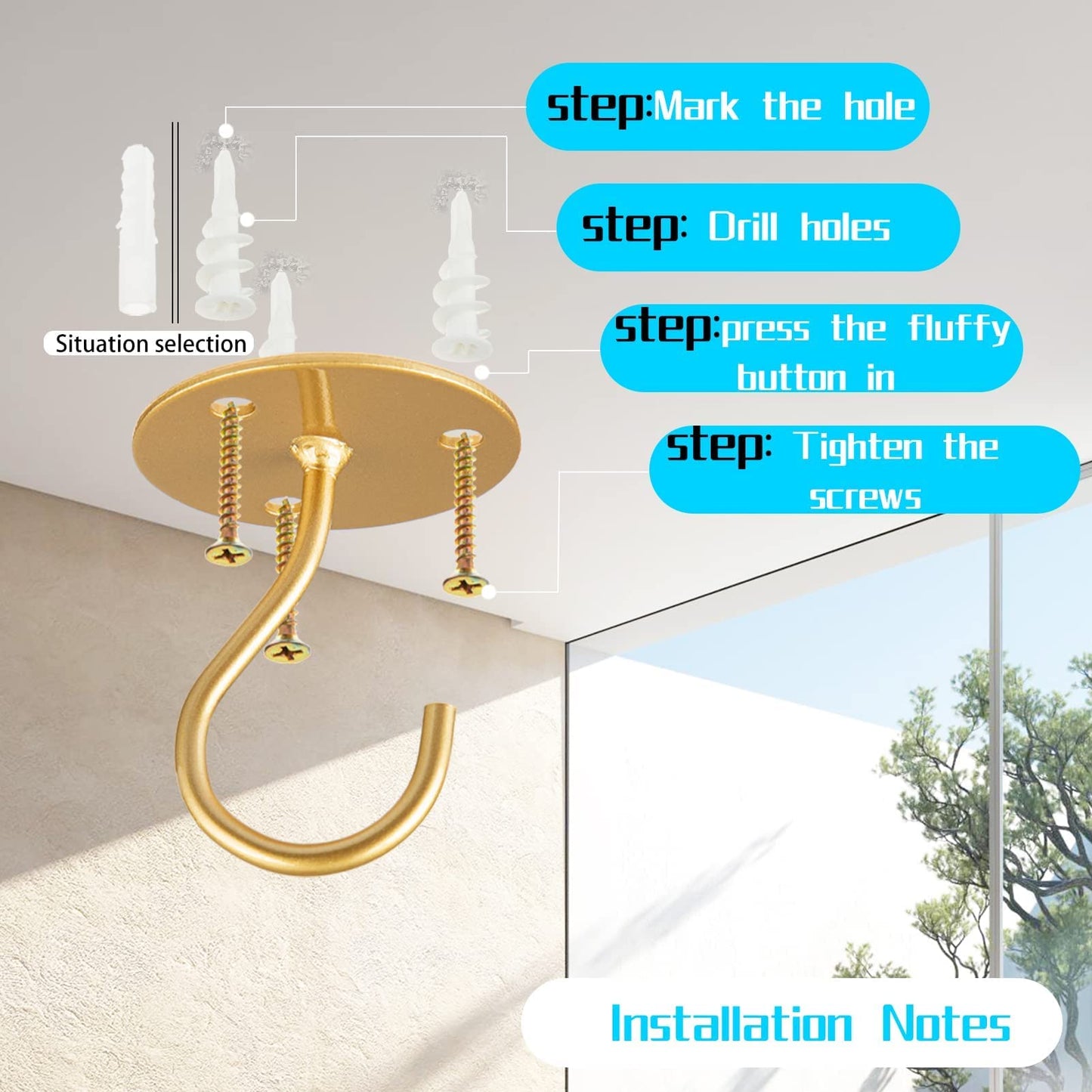 LangPu Ceiling Hooks for Hanging Plants-Metal Heavy Duty Wall Mounted Hangers for Hanging Bird Feeders, Planters, Wind Chimes, Include Professional Drywall Anchors (5 Pack) (Bright Gold)