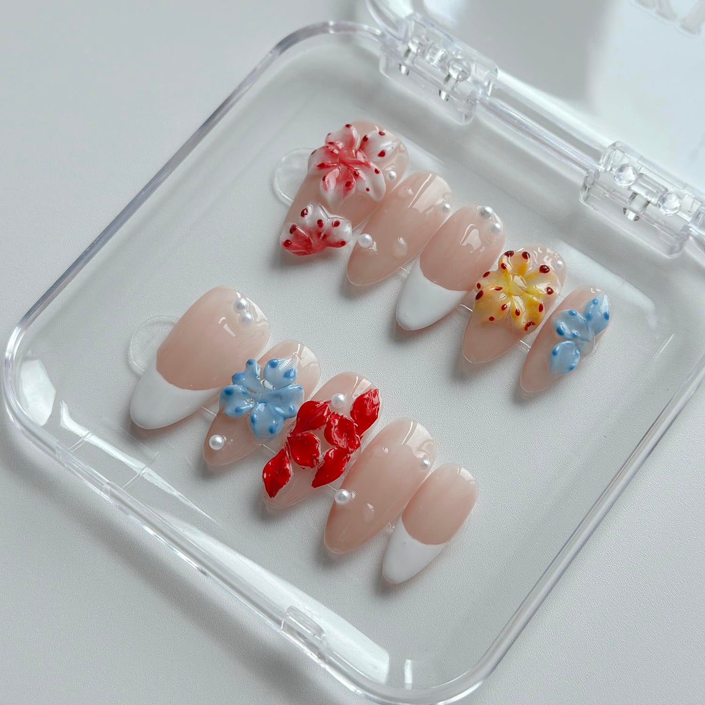 Luxury Press on Nails Medium Almond Handmade 3D Unique Reusable ABS Material Fake Nails White French Tip False Nails with Designs Polka Dots Pearls Flower Glossy Glue on Nail Thick Acrylic Nail(S)