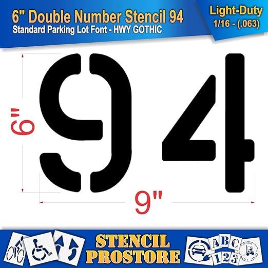 Pavement, Curb, and WheelStop Stencils - 6 inch Double Number Stencil - (94) - 6" x 9" x 1/16" (63 mil) - Light-Duty