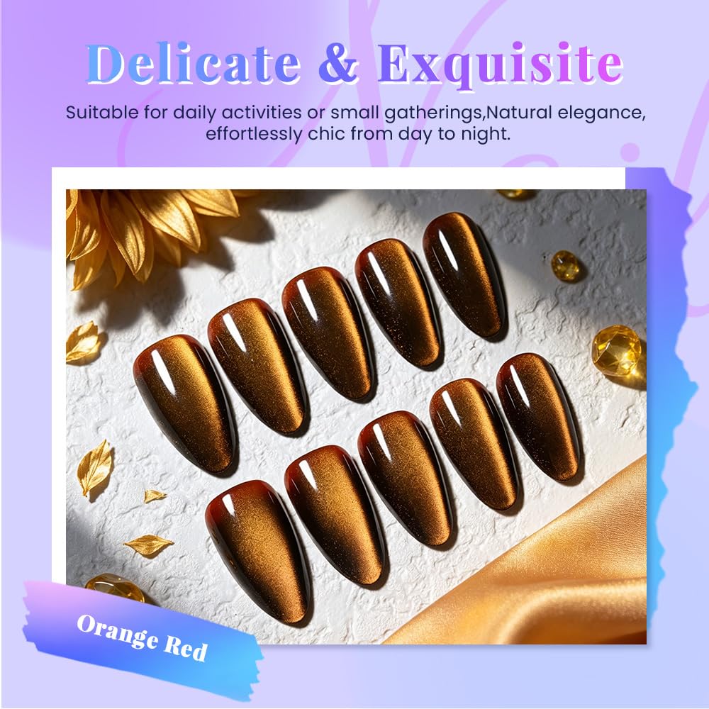 evpct Orange Red Cat Eye Chrome Press on Nails Almond Medium with Design, Holographic Medium Almond Stick on Fake Nails for Women, Glossy Cat Eye Effect, Perfectly Fit Salon-quality Soft False Nail