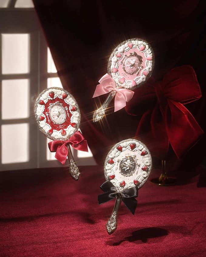 Flower Knows Strawberry Cupid Hand Mirror,Vintage Handheld Mirror,Fancy & Pretty Princess Mirror with Long Handle,Gift for Girls & Women(Red Velvet)
