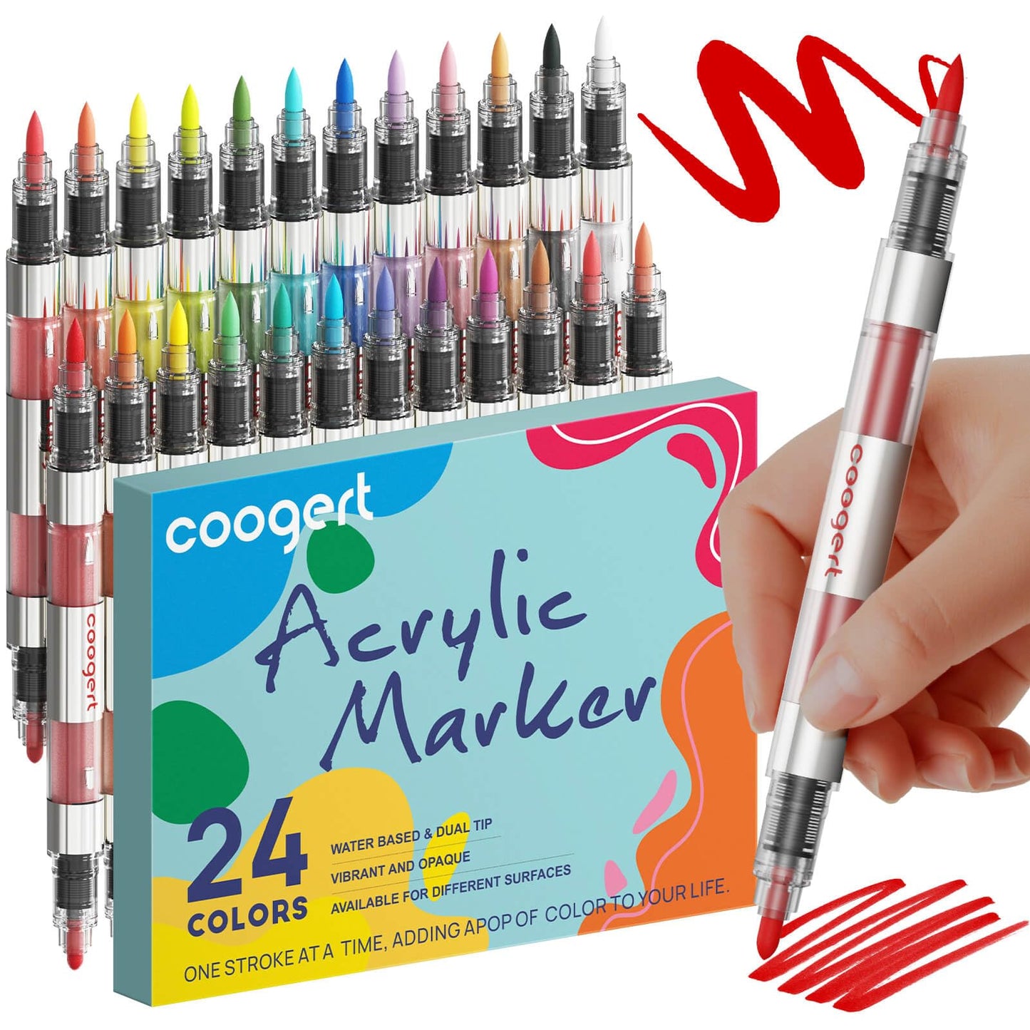 Coogert 24 Automatic Ink Control Acrylic Paint Markers Dual Tip, Brush Tip Medium Tip No-Bleed Acrylic Paint Pens For Rock Painting, Wood, Fabric, Canvas, Glass, Plastic, Art Painting Supplies Kit