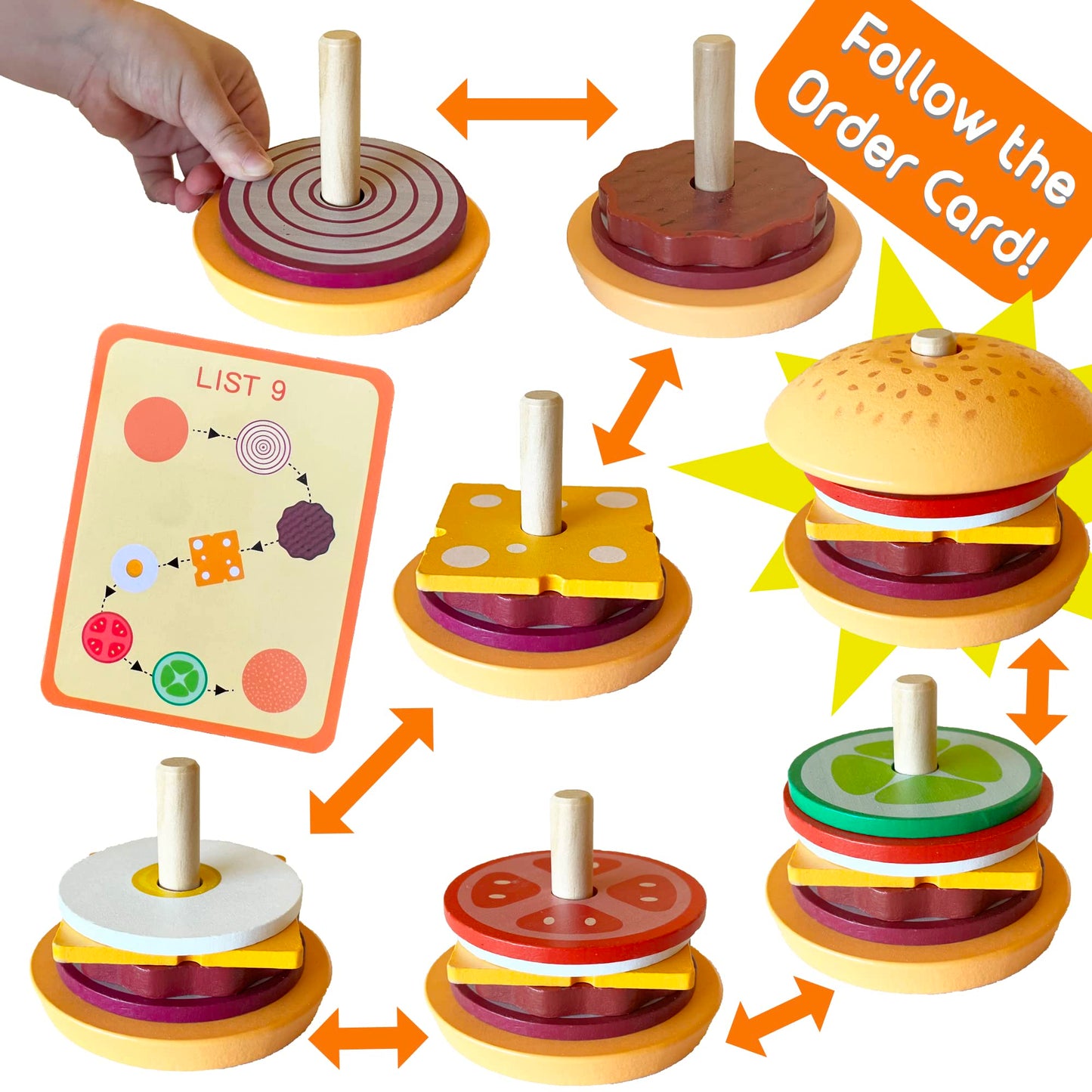 Montessori Mama Stacking Hamburger, Create a Burger Sequencing Stacker, Occupational Therapy Toys, Multi Cultural Play Food Sorting Toy