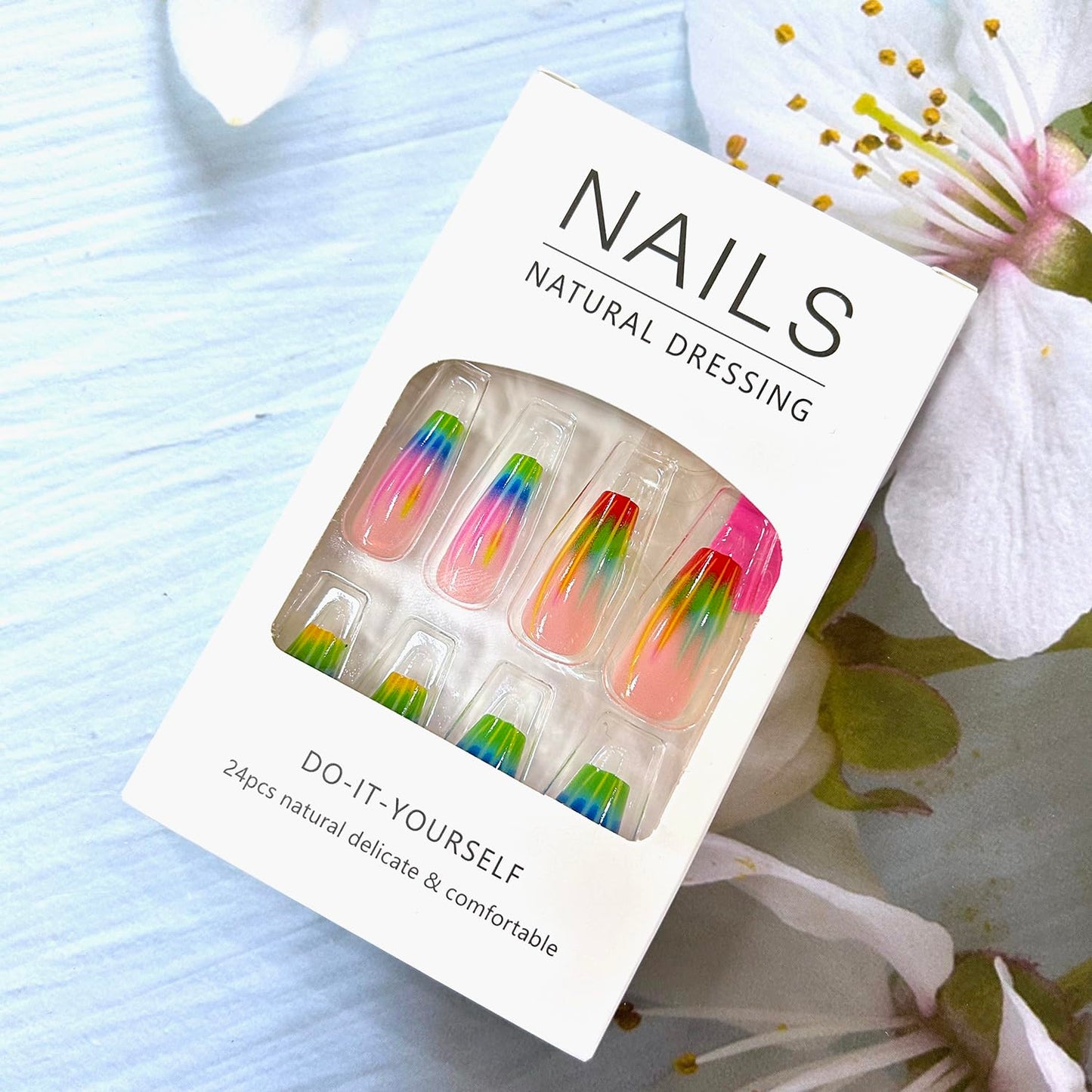Colorful Stripes Smudge Press on Nails Medium Length Ballet Shaped Full Cover Glossy Nude Pink Acrylic False Nail Ballet Press Ons French Artificial Fingernails DIY Reusable Glue on Nails for Women
