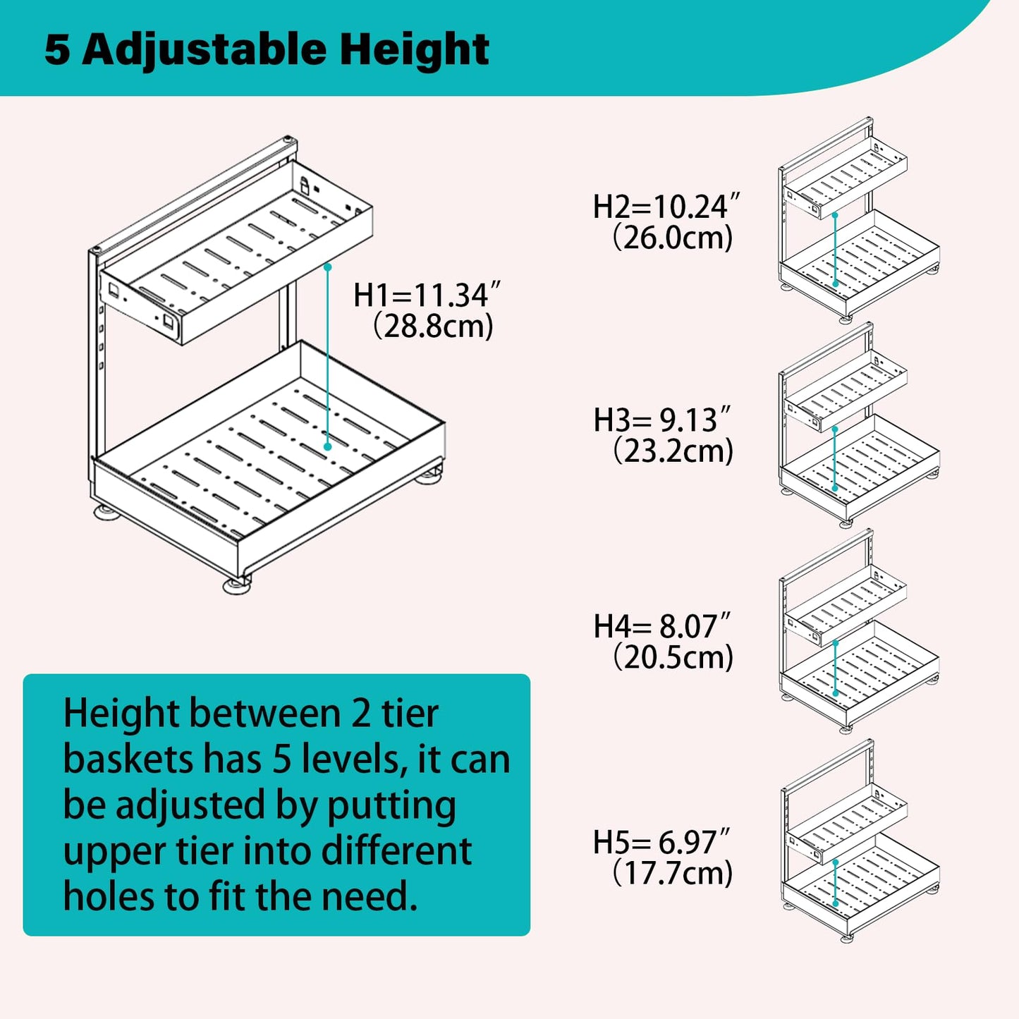 Under Sink Organizer, Bathroom Counter Organizer, 2 Packs 2-Tier Metal, Under Cabinet Storage, Makeup Storage, Adjustable Height & Slide-Out Drawer for Kitchen Bathroom, White