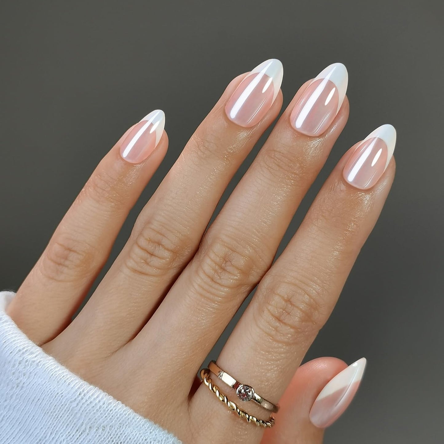 32 Pcs White French Tip Press on Nails Chrome Fake Nails with Designs Salon Quality Thickened False Nail Muti-Layer Gel Medium Almond Acrylic Nail Full Cover Stick on Nails for Women Manicure Decor