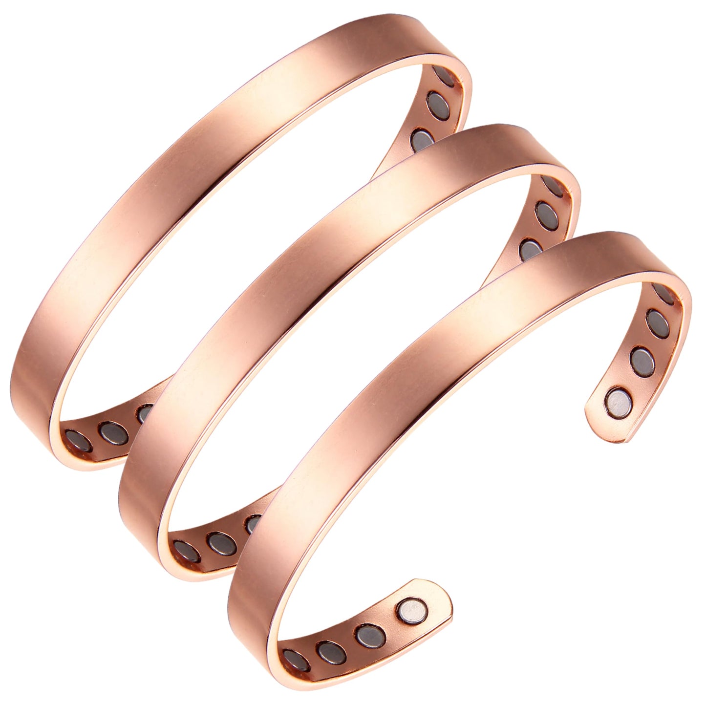 Earth Therapy - The Original 100% Pure Copper Minimalist Shiny Bracelet with Ultra Strength Magnets - 3 Cuff Value Set - Unisex - Adjustable