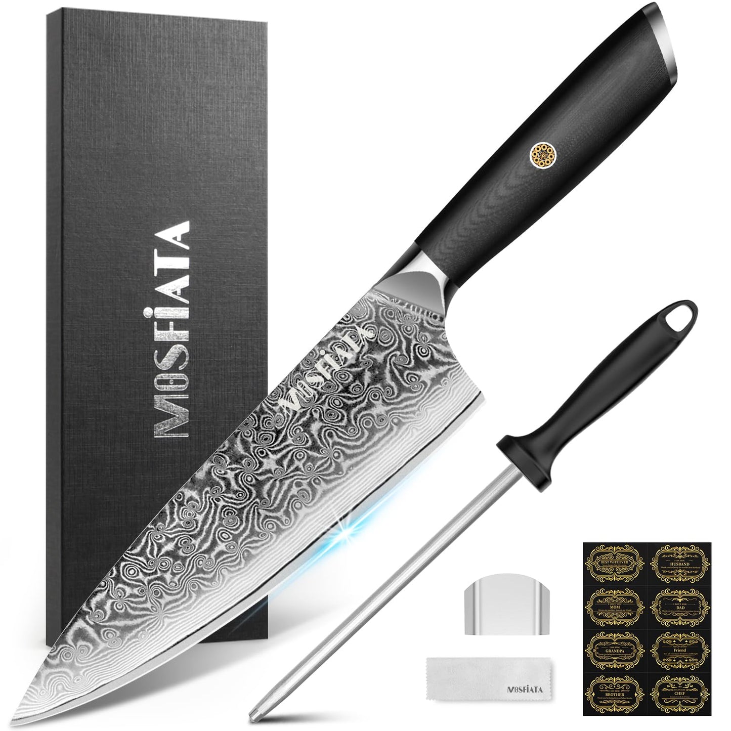 MOSFiATA Damascus Chef Knife 8", Professional Sharp Kitchen Knife 67 Layers Damascus Stainless Steel VG10 Core, Chef's Knives Chopping Cooking Knife Set with Ergonomic G10 Handle Sharpener Gift Box