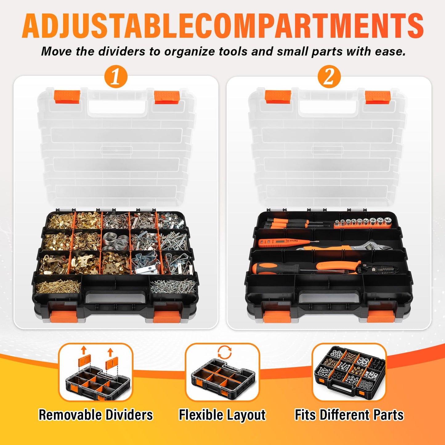 DIYSELF Tool Box, Double-Sided 34-Compartment Tool Organizer, Small Parts Organizer with Adjustable Space, Clear-Lid Small Storage Box for Hardware, Crafts, Beads, Jewelry and Fishing Accessories