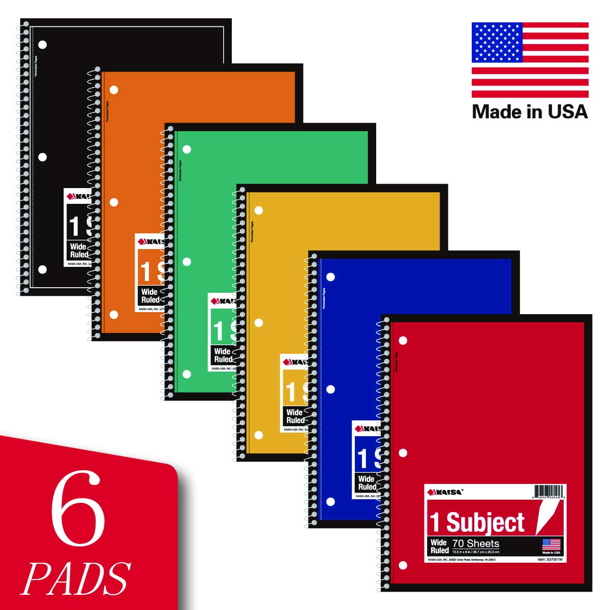 KAISA 1-Subject Wirebound Notebook Spiral Note Book, 8x10.5inch Wide Ruled 70sheets/pad Wire Notebooks Office School Supplies for Students Office, Pack of 6Pads, S07001W