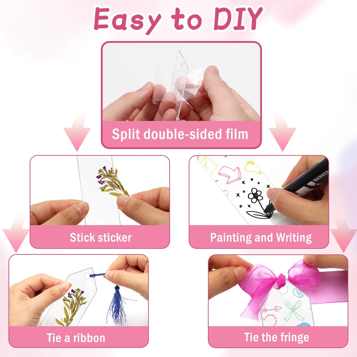 Pletpet DIY Bookmark Set - 50+75PCS Acrylic Bookmarks, 5 Shapes, Transparent, With 30P Tassels, 4 Rolls Ribbon, 40P Flower Stickers, Storage Box