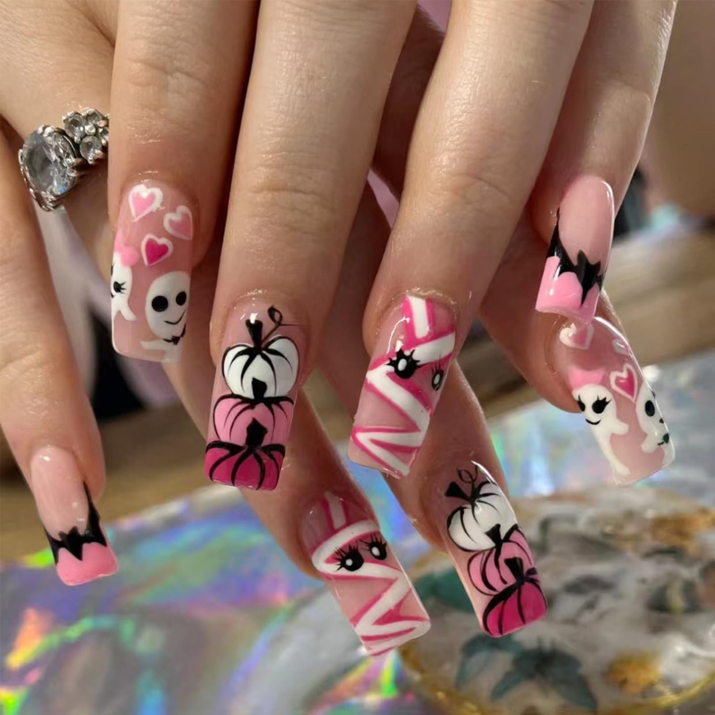 24Pcs Halloween Press on Nails Long Square Fake Nails Cute Ghost Pumpkin Bat Designs Halloween Glue on Nails Glossy Pink False Nails Full Cover French Tip Stick on Nail for Women Manicure Decor
