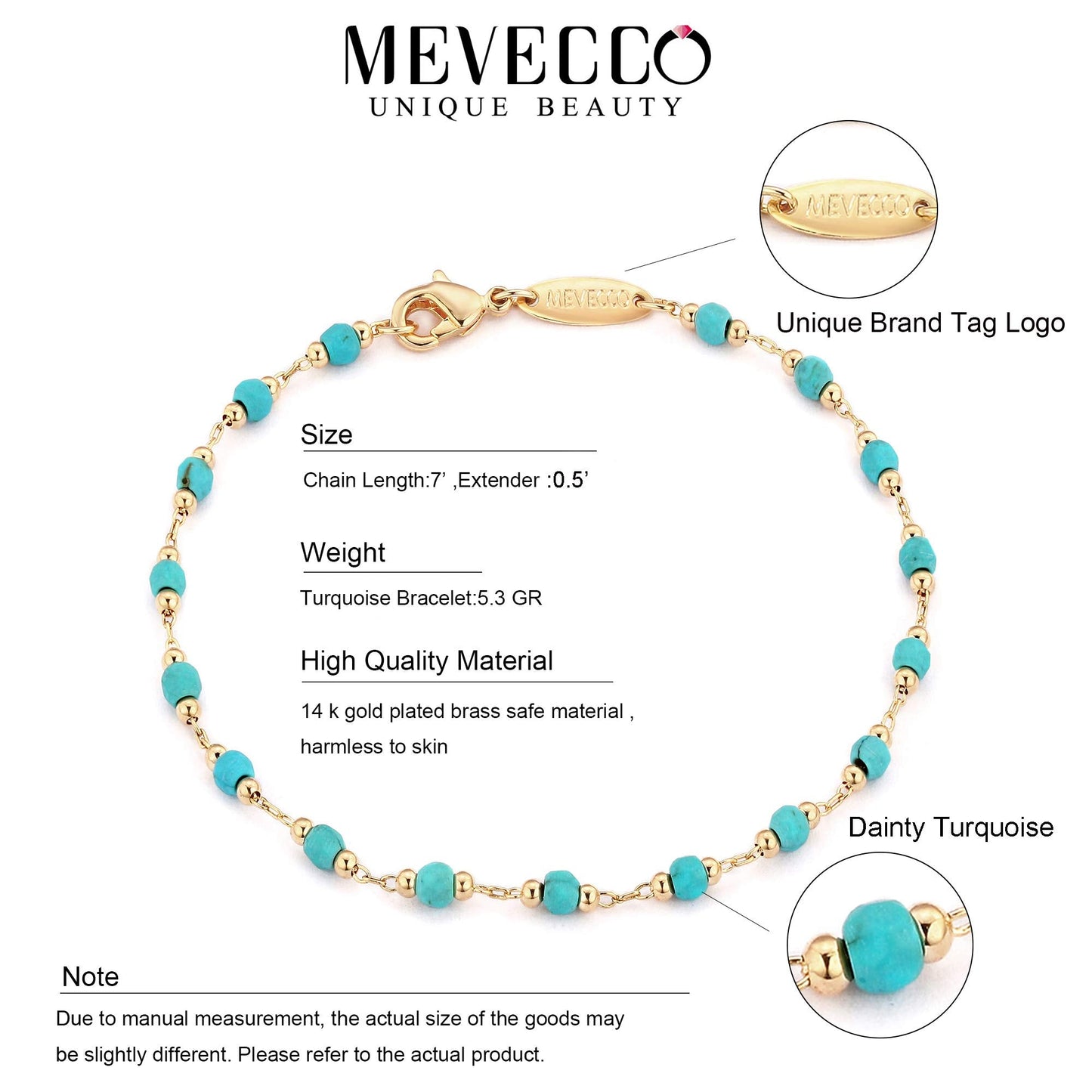 MEVECCO Gold Round Turquoise Beaded Bracelets,14K Gold Plated Handmade Cute Dainty Bracelet for Women