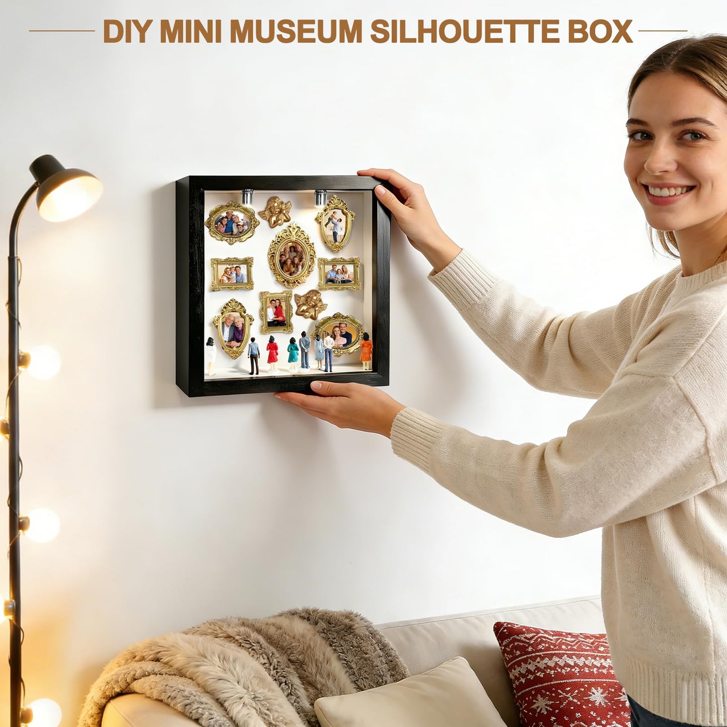 DIY Mini Museum Silhouette Box, Shadow Box Frame Kit with Gold Miniature Frames、Angel & Figurines, Custom Photo Family Memory Display Case Frame Set, for Anniversary, Wedding, Birthday & Home Decor
