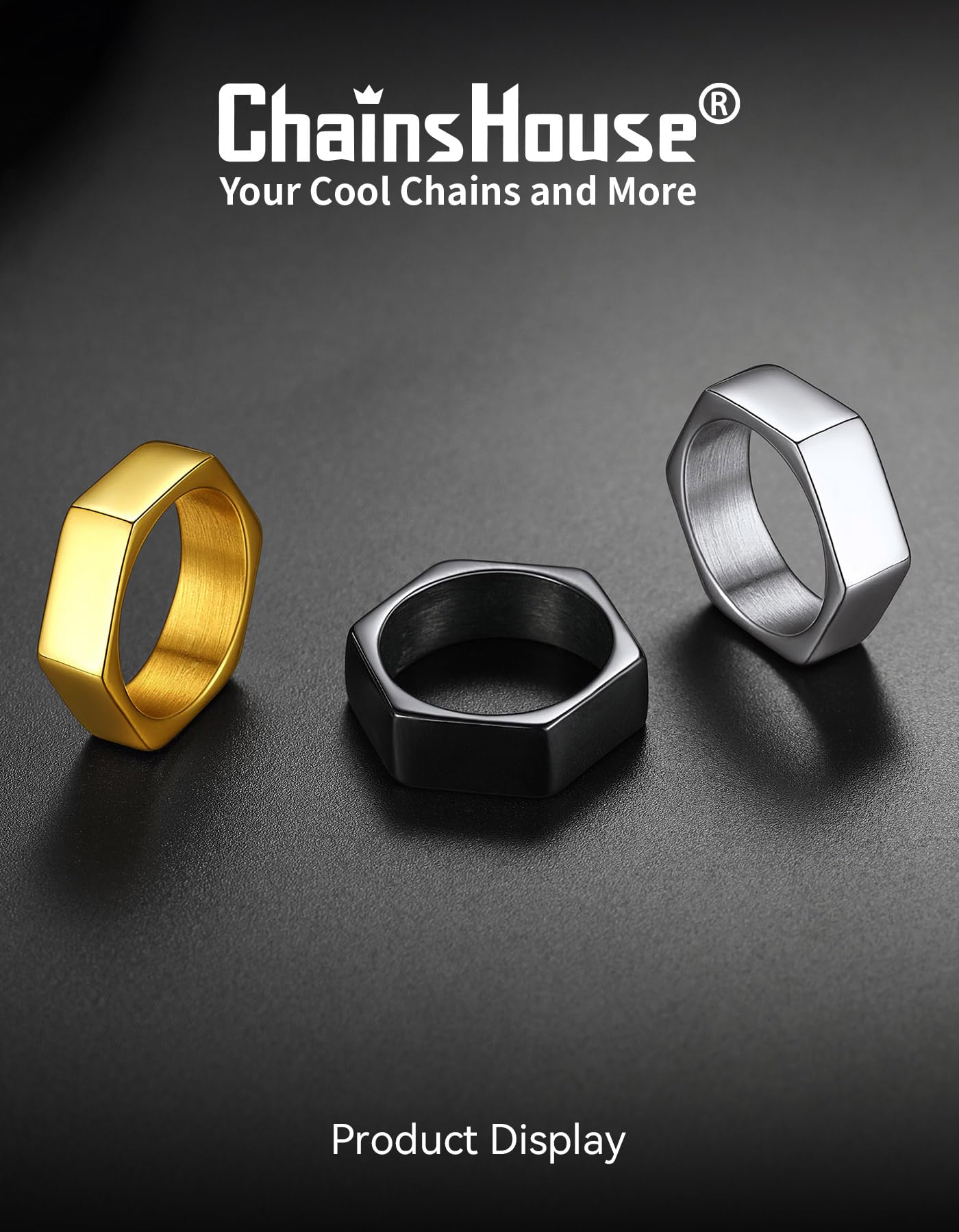 ChainsHouse Black Biker Ring Stainless Steel Jewelry Size 12 Punk Hexagon Geometric Band Rings