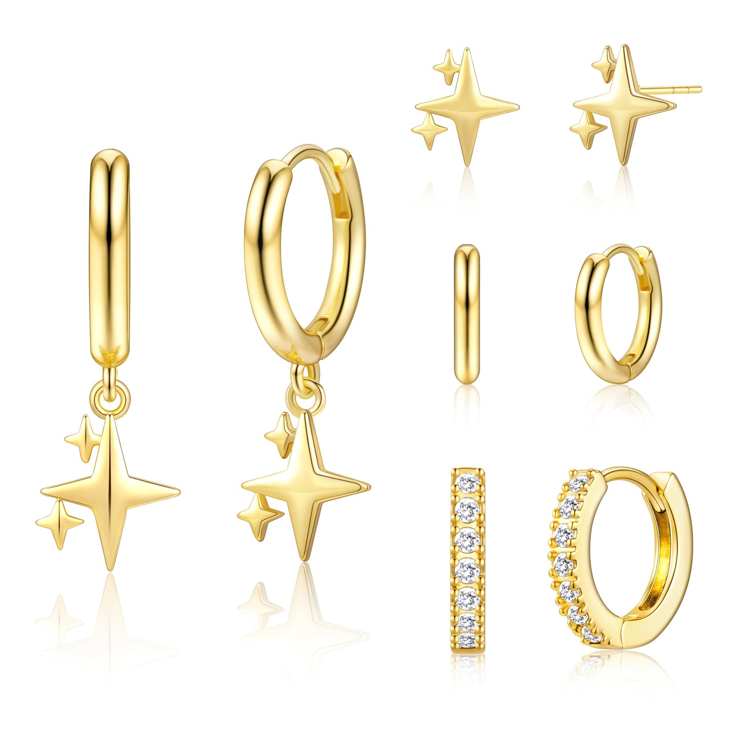Gold Star Earrings for Women,Huggie Small Stack Cartilage Hoop Cross Stud Earring Sets for Multiple Double Piercing, Conch Helix Rook Tragus Daith Piercing Gold Clip On Jewelry Set Gifts