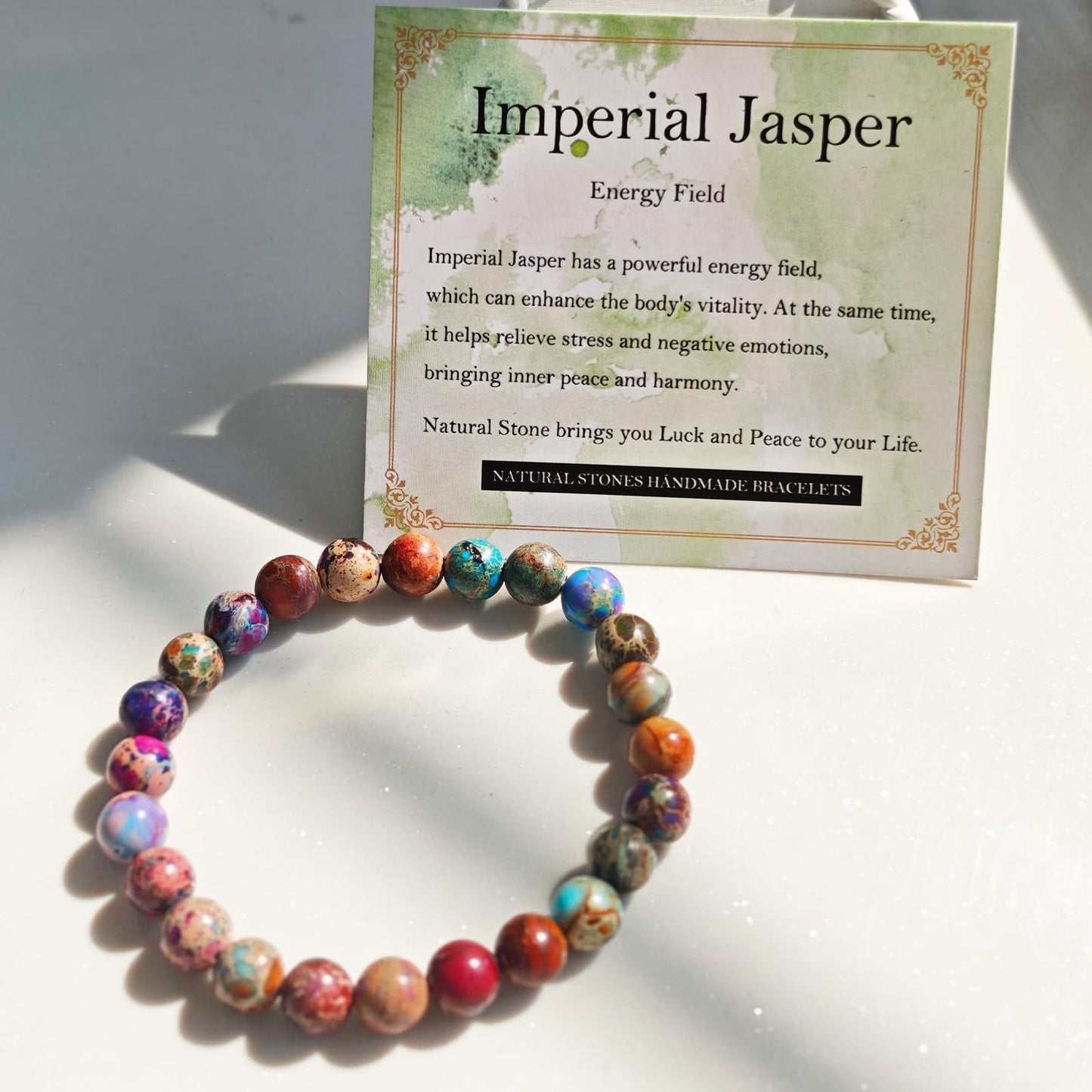 Handmade Natural Gemstone Elastic Bracelet - Healing Crystal Beads Jewelry, Unisex (Imperial Jasper, 8mm)