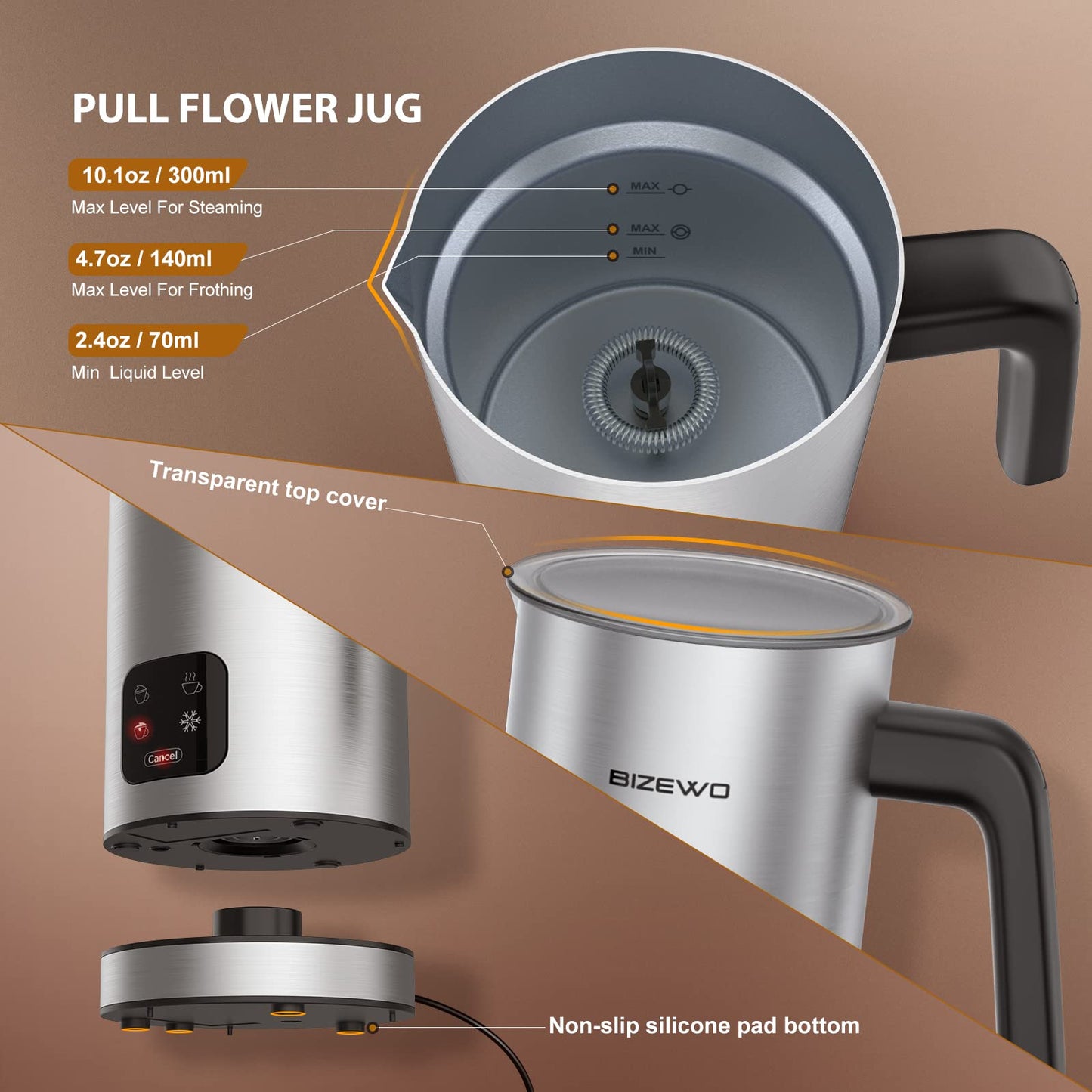 BIZEWO Milk Frother Electric, Warm and Cold Milk Steamer, 4 IN 1 Automatic Milk Warmer Stainless Steel with Touch Screen for Coffee, Latte, Macchiato, Cappuccino, Hot Chocolate