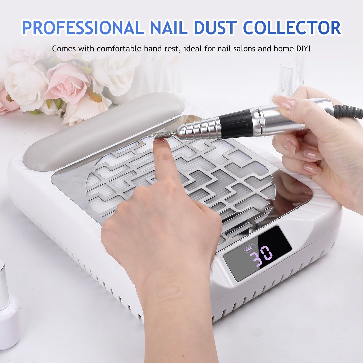 BOMOQING Rechargeable Nail Dust Collector, Professional Dust Collector Nail Tech with LED Display, Powerful Adjustable Nail Dust Cleaner Machine for Acrylic Nail Polishing & Salon use
