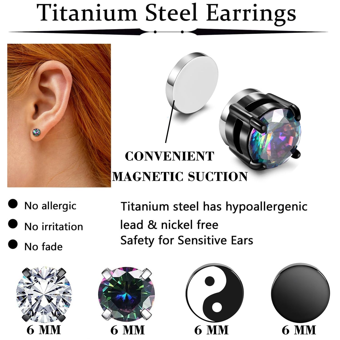 SIISPRI 4 Pairs Black Earrings for Men, Titanium Screw Back Surgical Stainless Steel Stud Earrings Rainbow 5A Cubic Zirconia Hypoallergenic Aritos Para Hombre Studs Jewelry Set for Men Women,