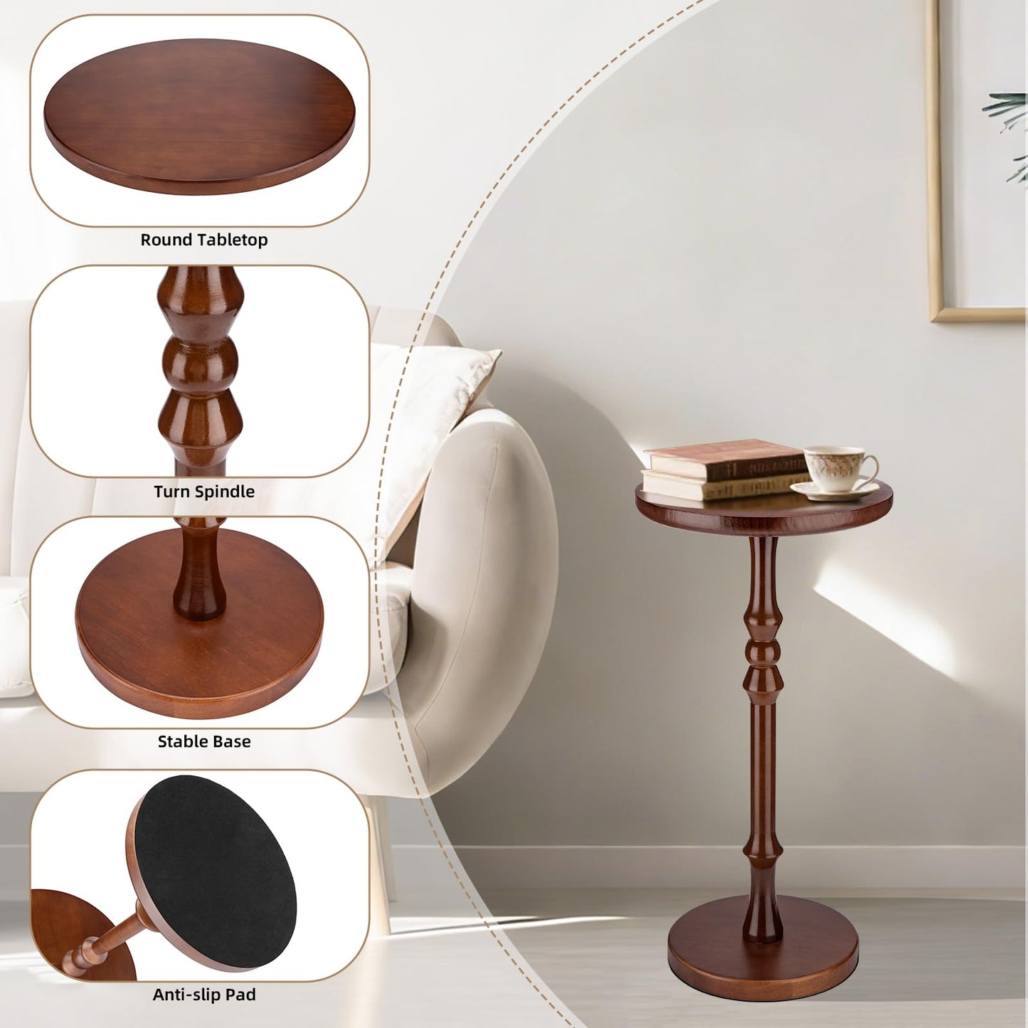 Lampaggio Round Side Table for Small Spaces, Drink Table with Oak Wood Pedestal Base, Modern Accent End Table or Nightstand for Living Room, Bedroom, Office, and Corners, Tool-Free Assembly, Brown