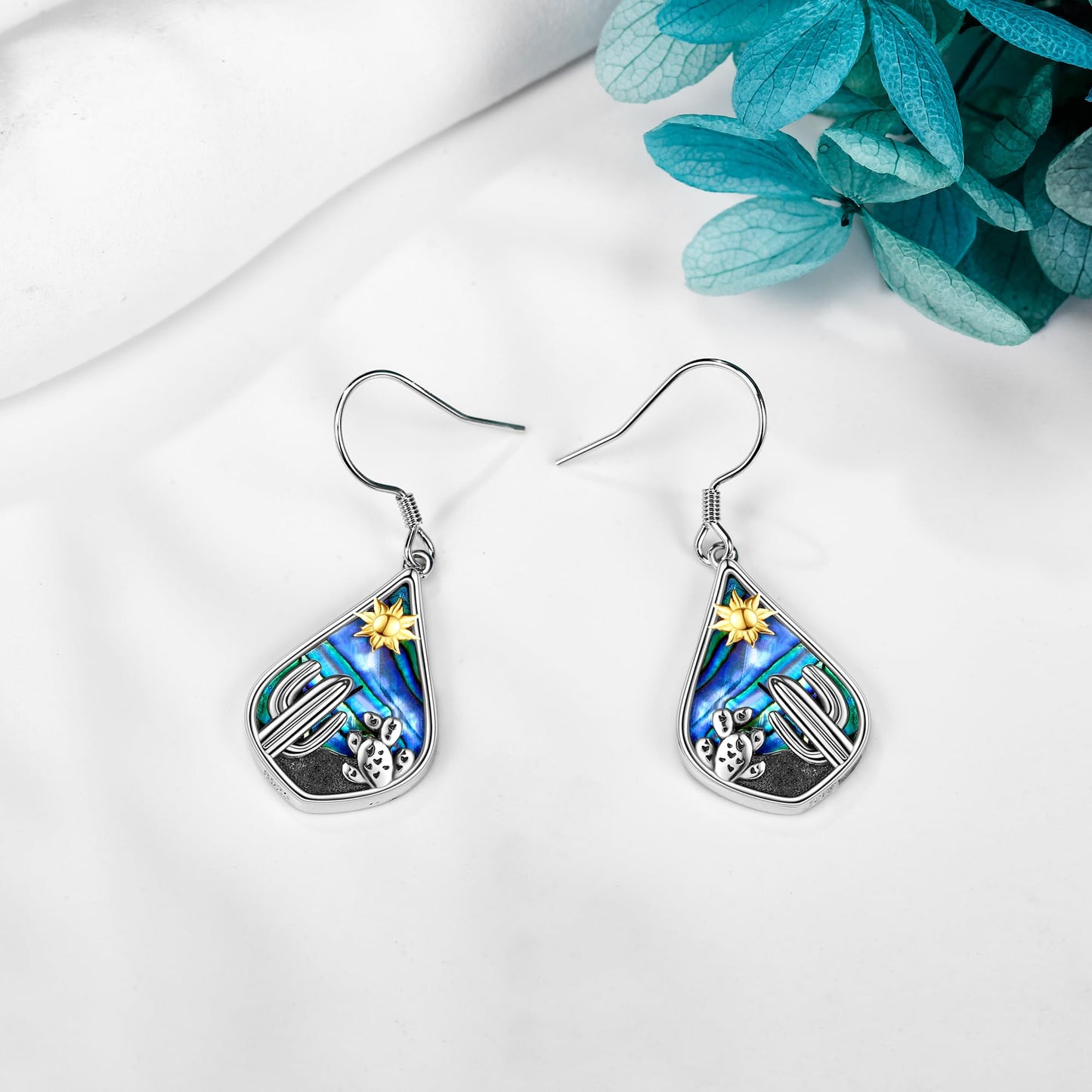POPLYKE Cactus Earrings 925 Sterling Silver for Women Teardrop Abalone Plant Sun Earrings Cactus Jewelry