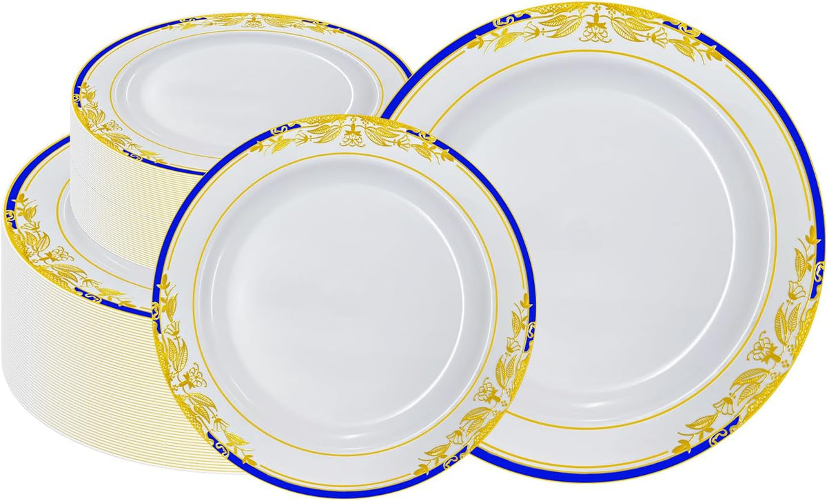MENDENG 100Pcs Disposable Plastic Plates for Party, 50x7.5Inch & 50x10.25Inch Elegant Fancy Plastic Wedding Plates Disposable, Heavy Duty Dessert Party Dinner Plates