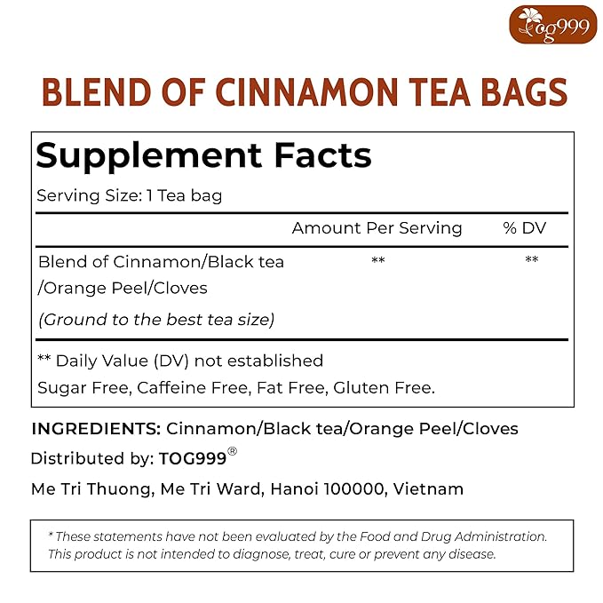TOG999, 120 Tea Bags – Special Blend of Cinnamon, Black Tea, Orange Peel and Cloves, 100% Natural Ingredients, Hand-made Blend Herbal Tea. Eco-conscious Tea Bags. No Sugar, No Caffeine, No Gluten, Vegan.