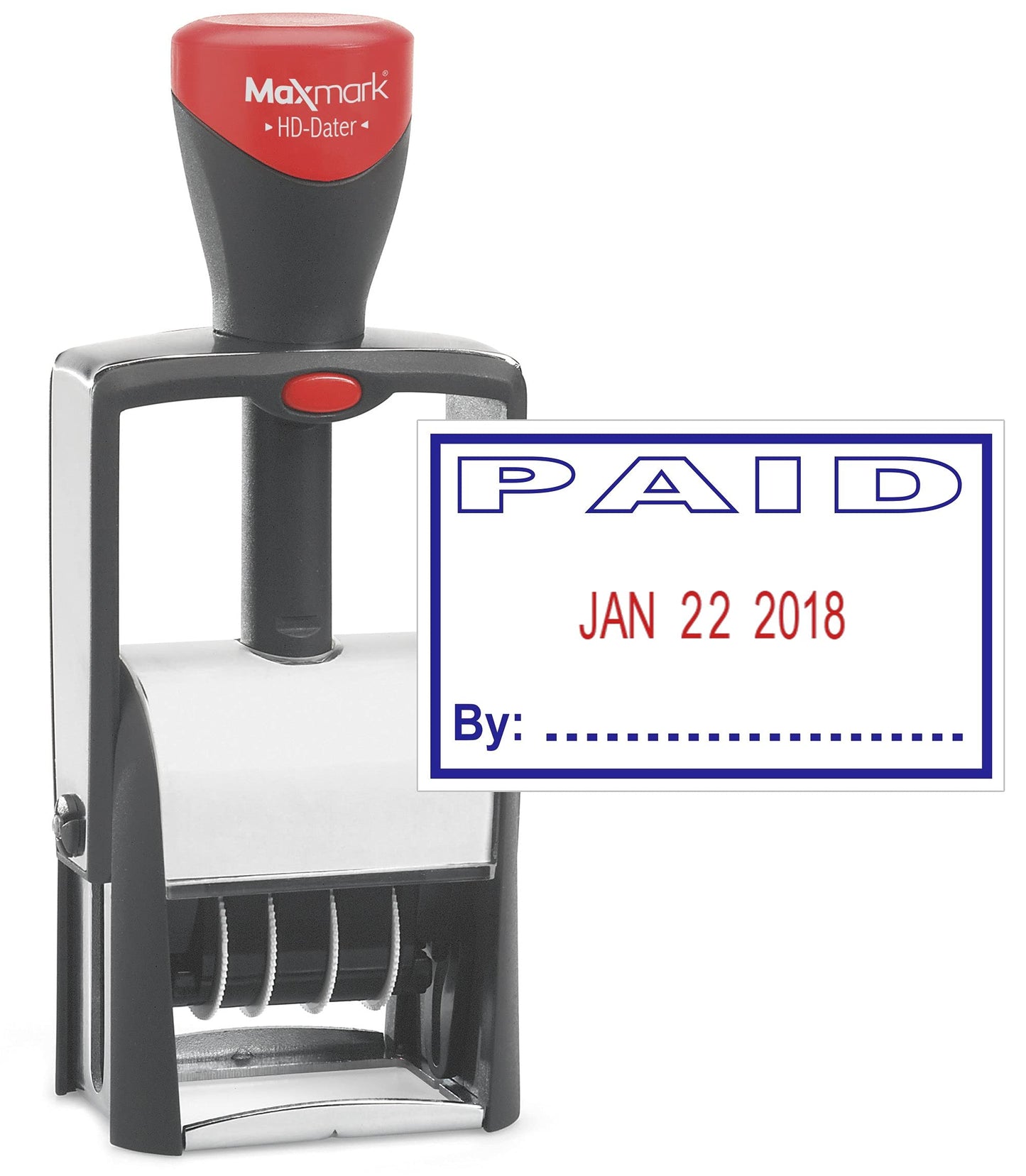 MaxMark Heavy Duty Self Inking Date Stamp with Phrase Paid - 2 Color Blue/Red Ink