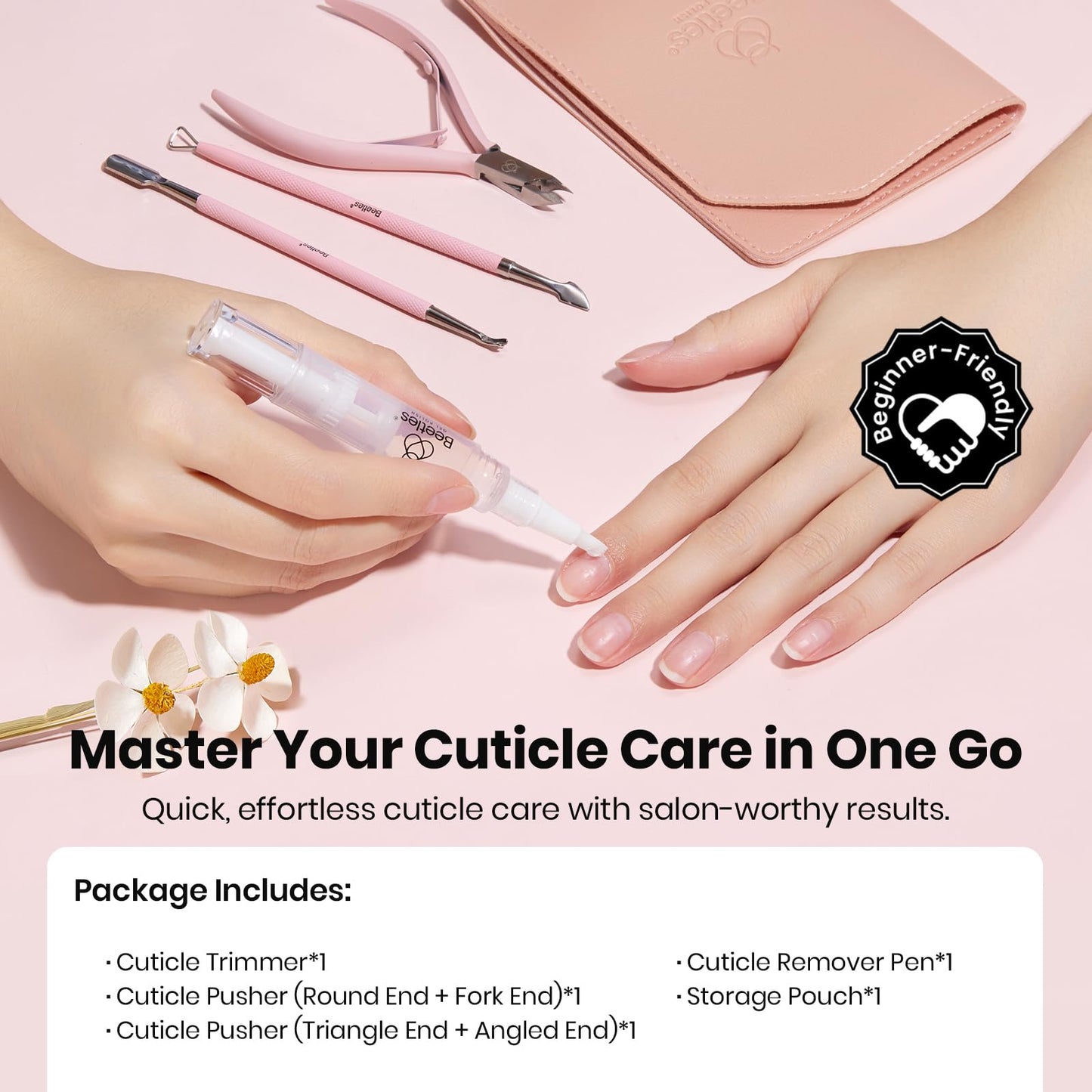 Beetles Manicure Kit for Women with Cuticle Remover, 3 PCS Pink Mani & Nail Art Brushes 8pcs – Crystal Nail Art Tools 5pcs Double-headed Nail