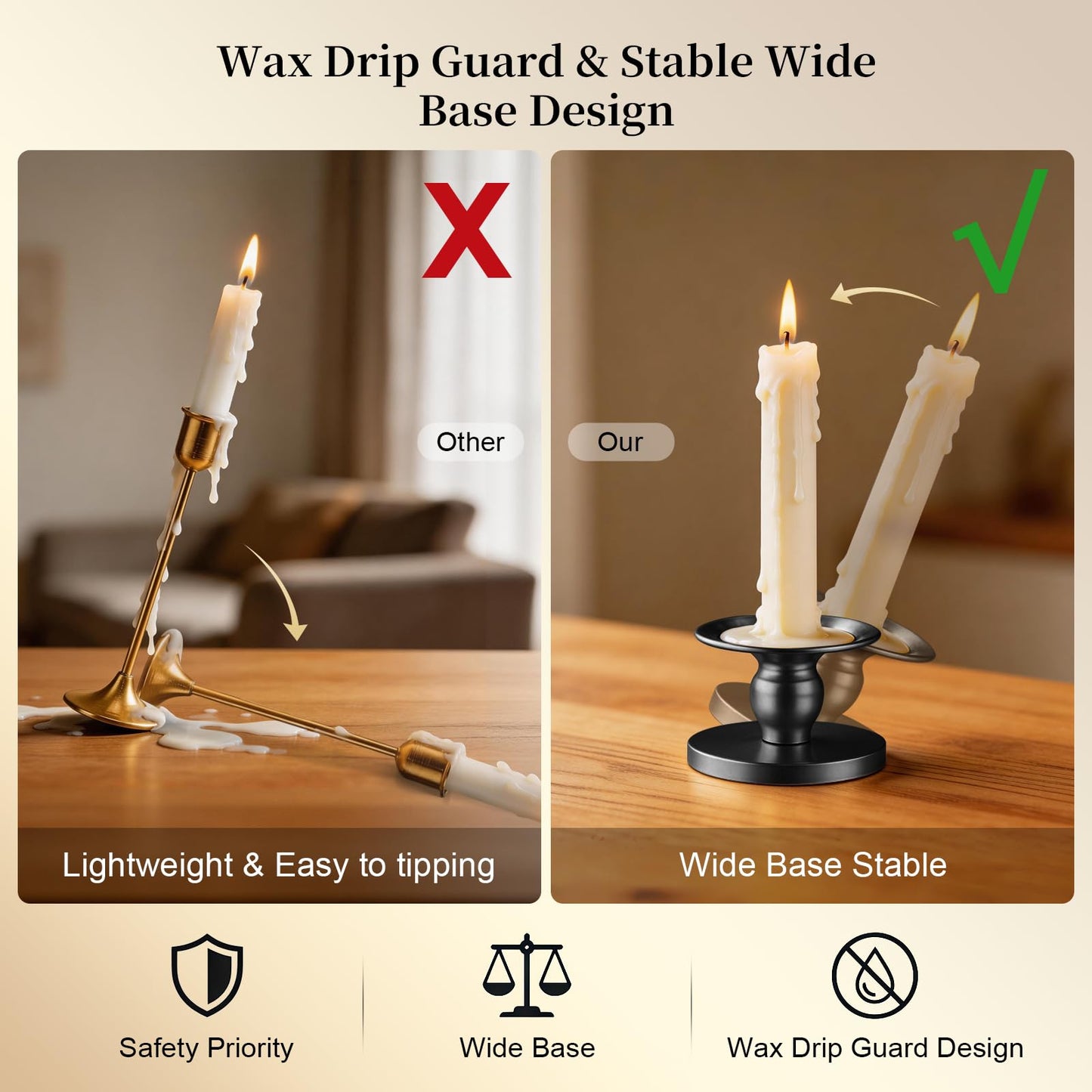 Pillar & Taper Dual Candle Holder: Fit 3" D and 0.87" D Candles - Stable Wide Base & Easy Clean - Smooth Metal Texture Candlestick for Holiday Home Table Centerpiece Decor - Set of 3 Gift (Black)