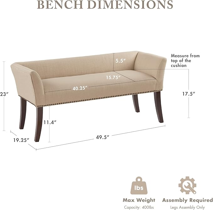 Madison Park Accent Bench, Upholstered with Nailhead Trim, & Padded Seat Entryway Bench Small, End of Bed Bench with Back, 49.5" W x 19.25" D x 23" H, Tan