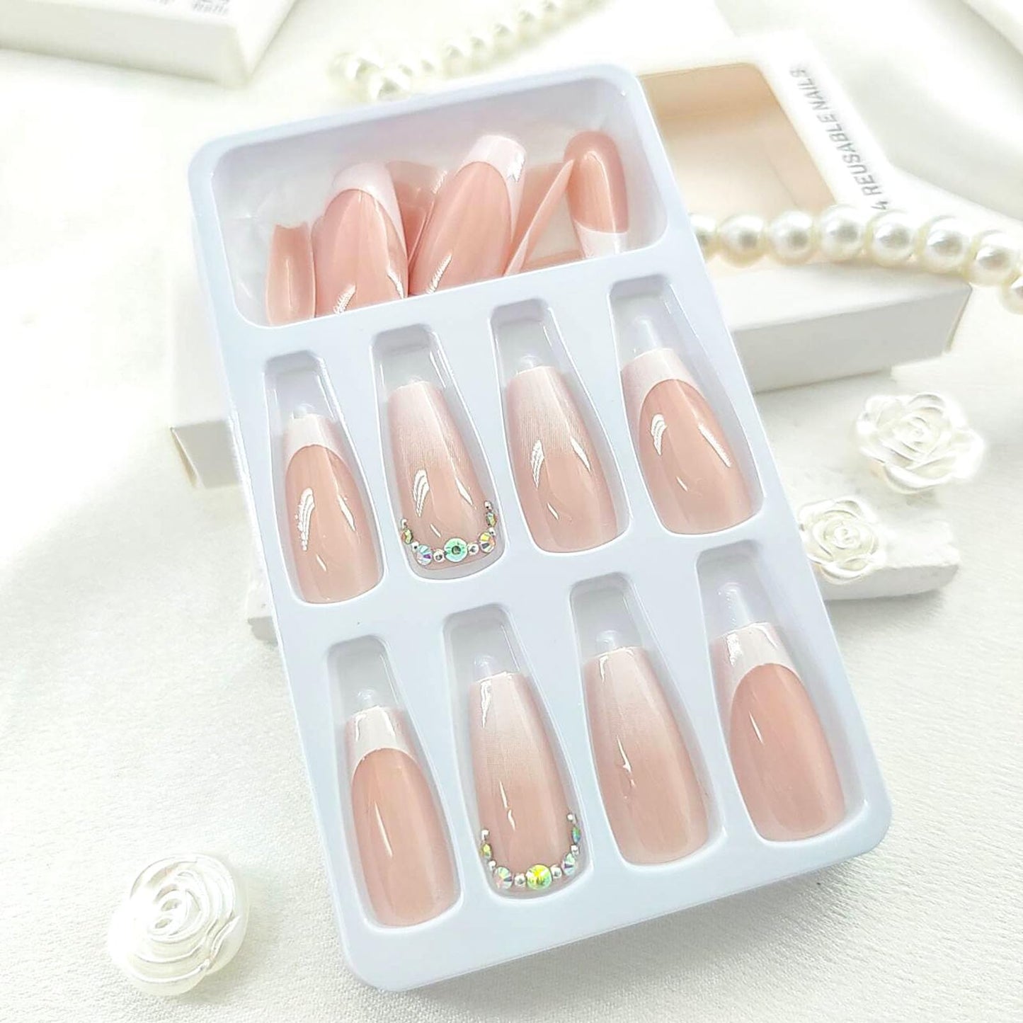 French Tip Press on Nails Medium Coffin Fake Nails with Rhinestones Gradient Designs White Nails Press ons Glossy Glue on Nails Nude Acrylic Nails Cute False Nails Stick on Nails for Women24Pcs