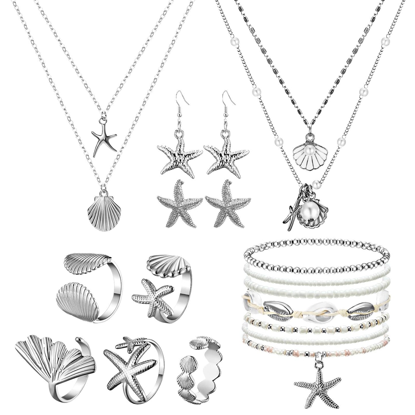 16 Pcs Seashell Starfish Jewelry Set for Women Seashell Earrings Rings Boho Layer Charm Necklace Summer Beach Bracelets Natural White Anklet for Summer Holiday Vacation Accessories(Silver,Beach)