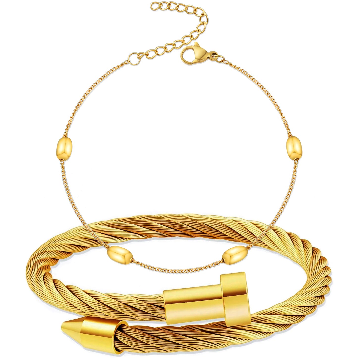 LCTrusttmor Gahna 18K Gold Plated Beads Bracelets for Women, Stackable 18K Gold Plated with Adjustable Link Chain Set Dainty Trendy Jewelry Gifts