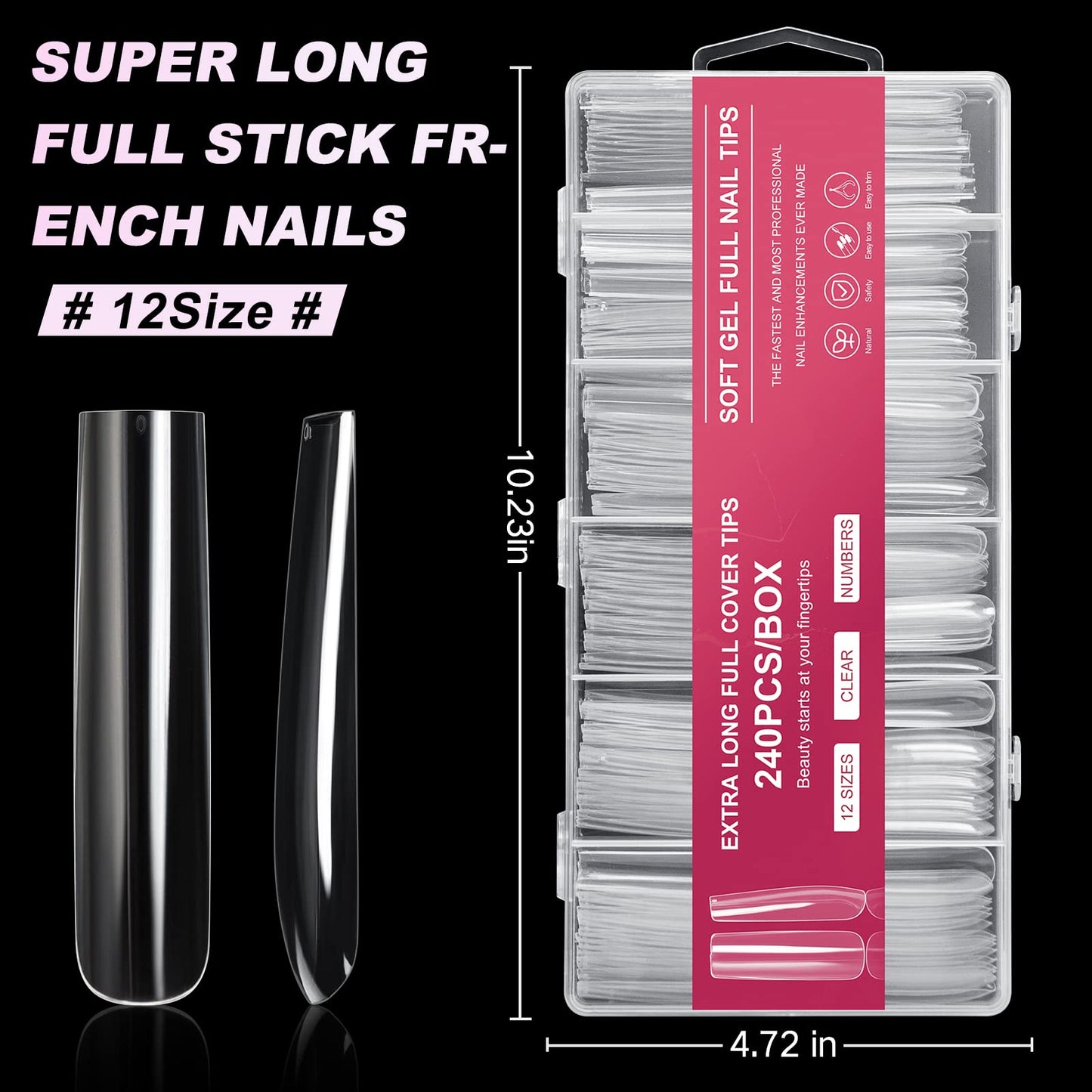 AORAEM XXL Square Clear Fake Nails 240PCS 4.5cm Long Straight Tapered Nails Half Matte Design Extra Long Acrylic Nail Tips with Case for Home DIY Nail Salons