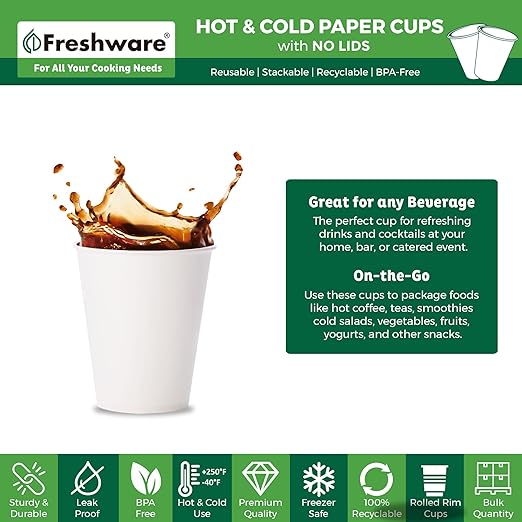 Freshware Coffee Cups 8 oz [300 Pack] Disposable Paper Cups for Hot or Iced Coffee Cup, Slushie Cup, Milkshakes, Smoothies, and Tea