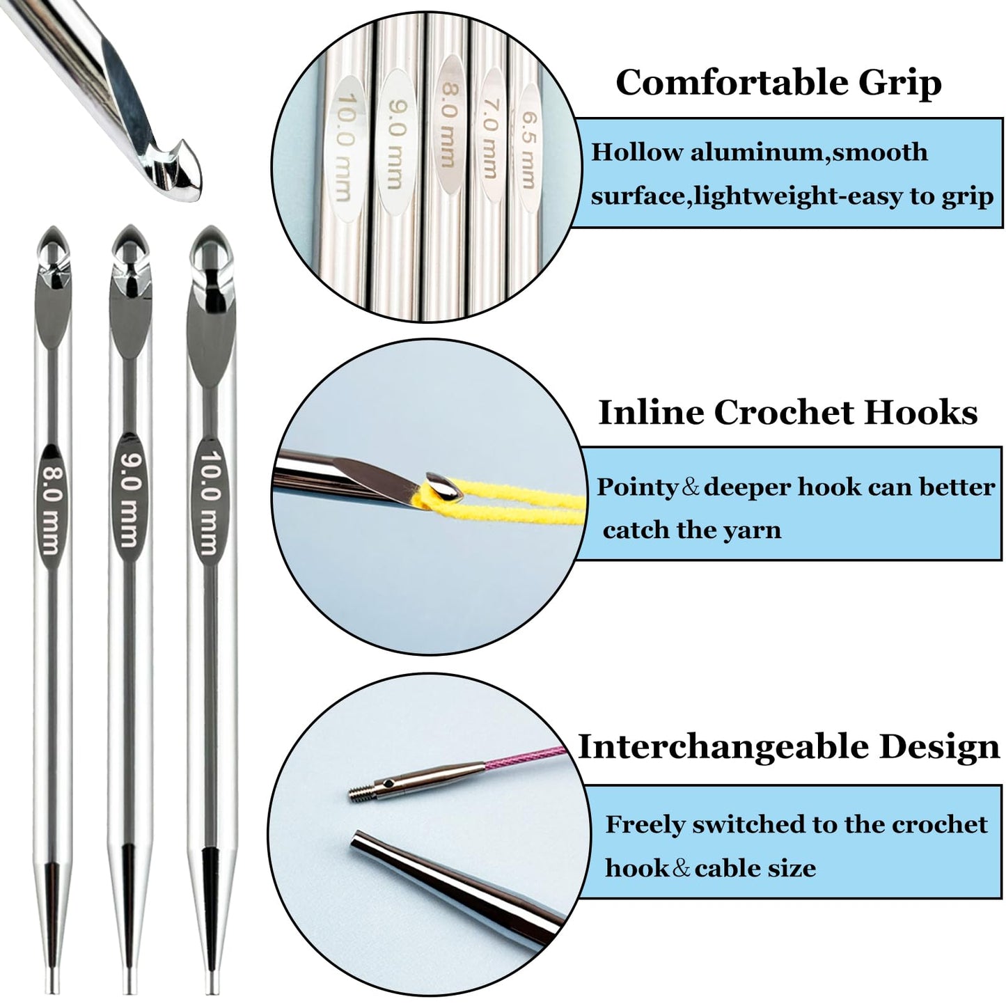 Hobekoee Tunisian Crochet Hooks Set with Cable,12 Size Aluminium Interchangeable Crochet Hook Set Inline Crochet Hooks Afghan Crochet Needles 3mm-10mm
