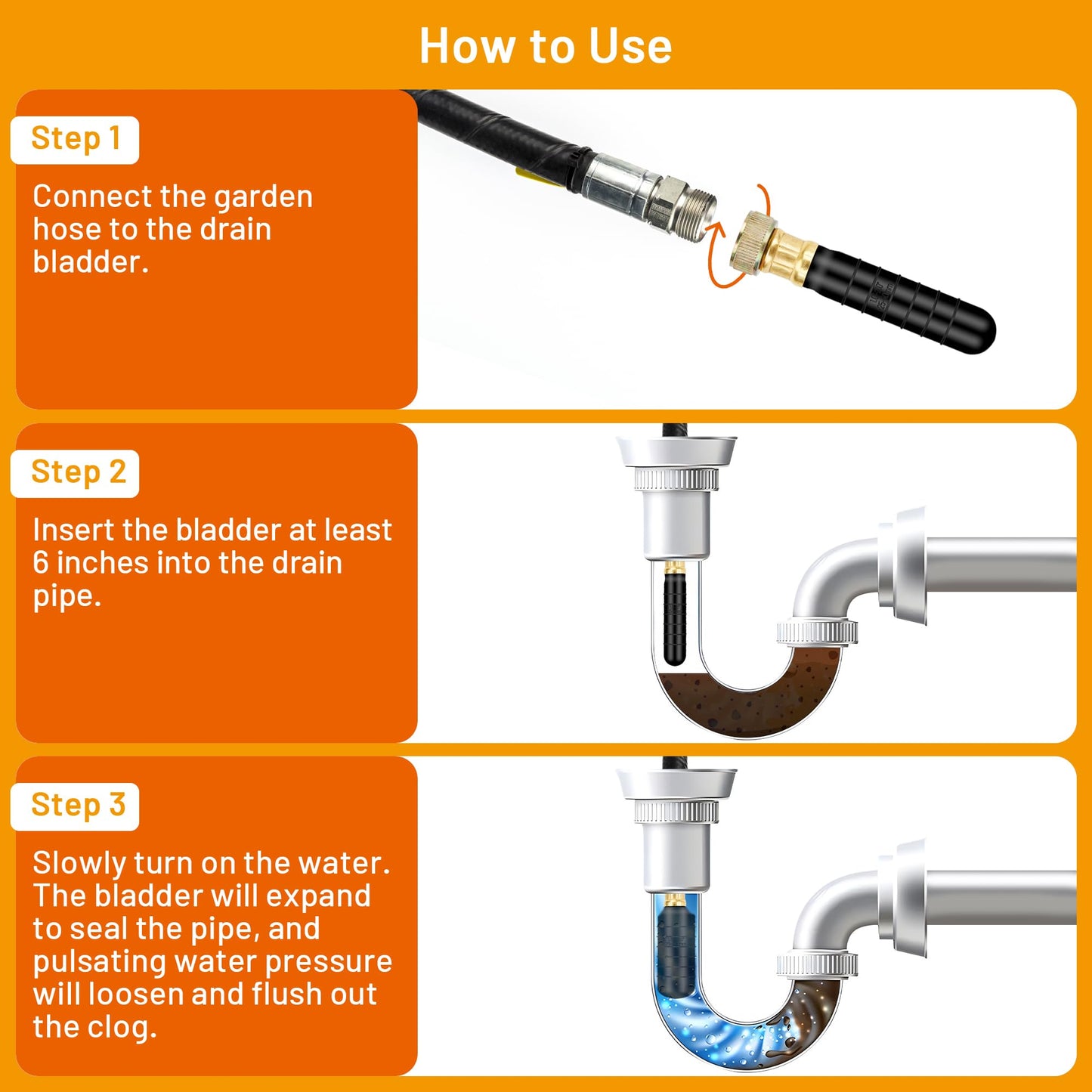 3 Pcs Drain Cleaning Bladder Kit, Rubber Drain Cleaner Bladder Unclogger Tool for Bathroom Sinks, Showers, Swimming Pool Drains, Kitchen Sinks, Fits 1" to 6" Pipes